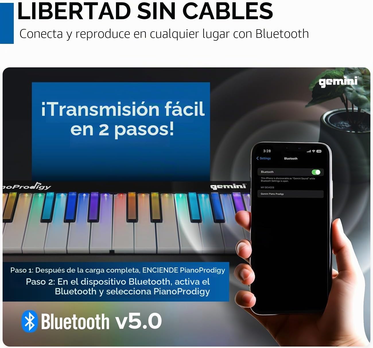 Gemini Sound PianoProdigy Teclado MIDI inalámbrico iluminado de 24 teclas GPP-101, Debe conectarse a un dispositivo iOS/Android para obtener sonido, Ampliable, Bluetooth, portátil 3