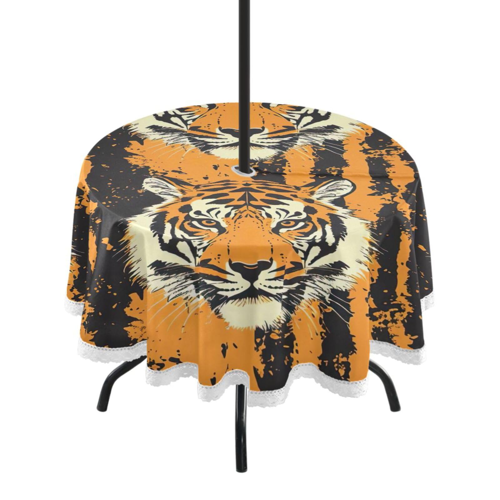 Wajiw 60 Inch Indoor Outdoor Round Tablecloth with Umbrella Hole and Zipper Waterproof Patio Table Cover for Camping Dining Room Party Outdoor Picnic,Tiger