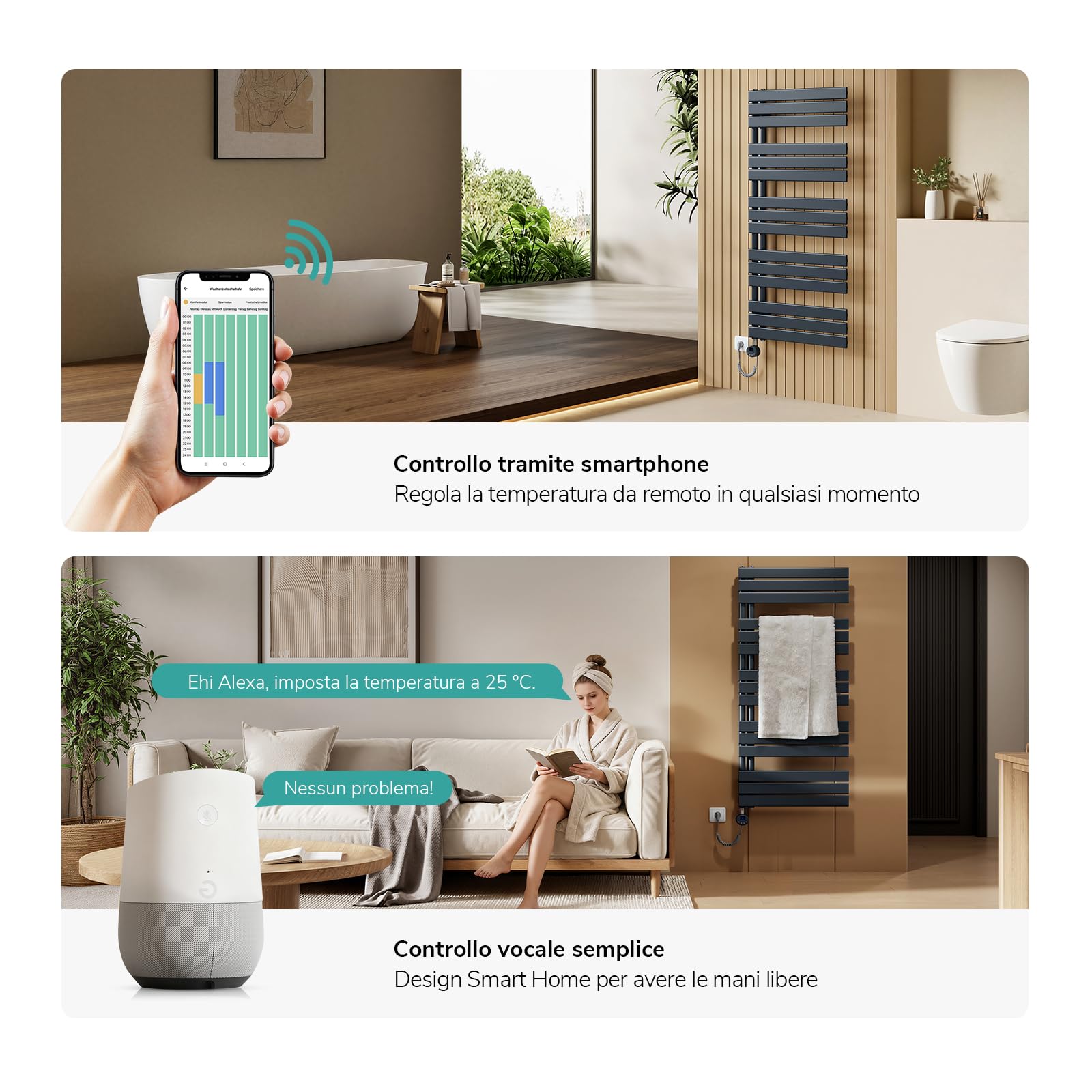 EMKE Scaldasalviette elettrico con elemento riscaldante wifi termostatato,762x500mm 400W，Pannello asciugamano elettrico con asta di riscaldamento con timer, Antracite