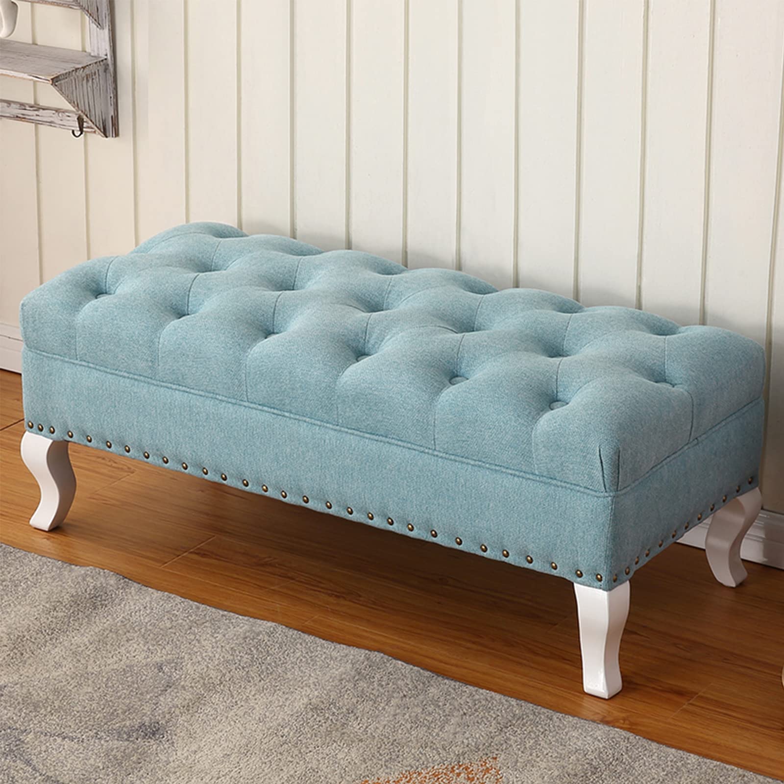 Meuble de décoration capitonné en lin bleu et bois de haute qualité