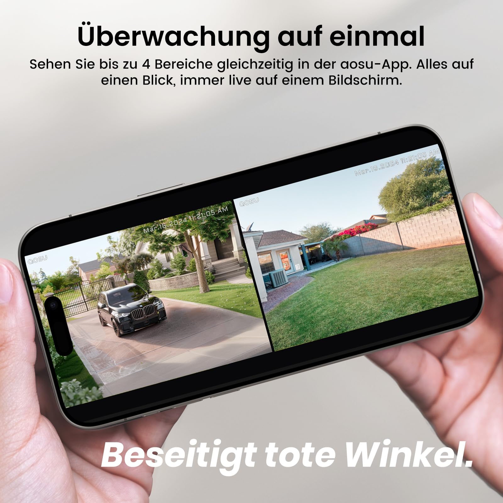 aosu 2K Überwachungskamera Aussen Solar Akku, 32G Lokal, Ohne ABO Nötig | 2 Cam Kit, 166° Weitwinkel, 365 Tage Akku, PIR Personenerkennung, Scheinwerfer, 2-Wege, IP66, für Haus & Garten