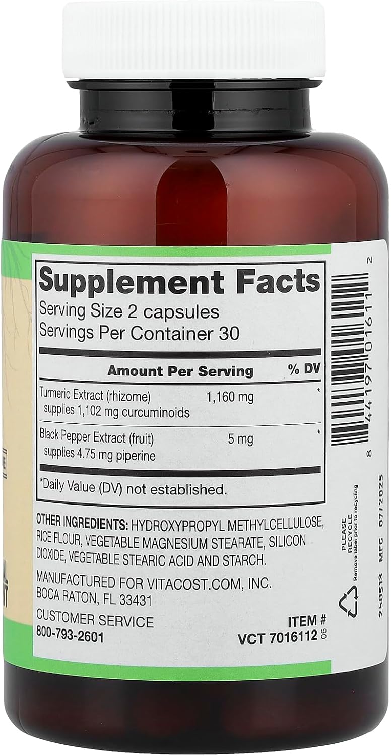 Vitacost Turmeric Extract Curcumin C3 Complex with Bioperine - 1,160 mg per Serving - 60 Capsules