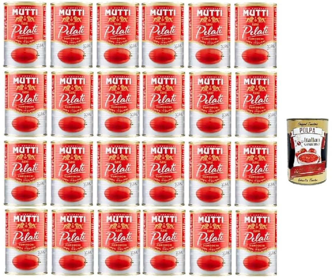 Mutti Pomodori Pelati Tomates pelées 100% tomates italiennes, 24x 400g Canette de sauce aux tomates + Italian Gourmet polpa 400g