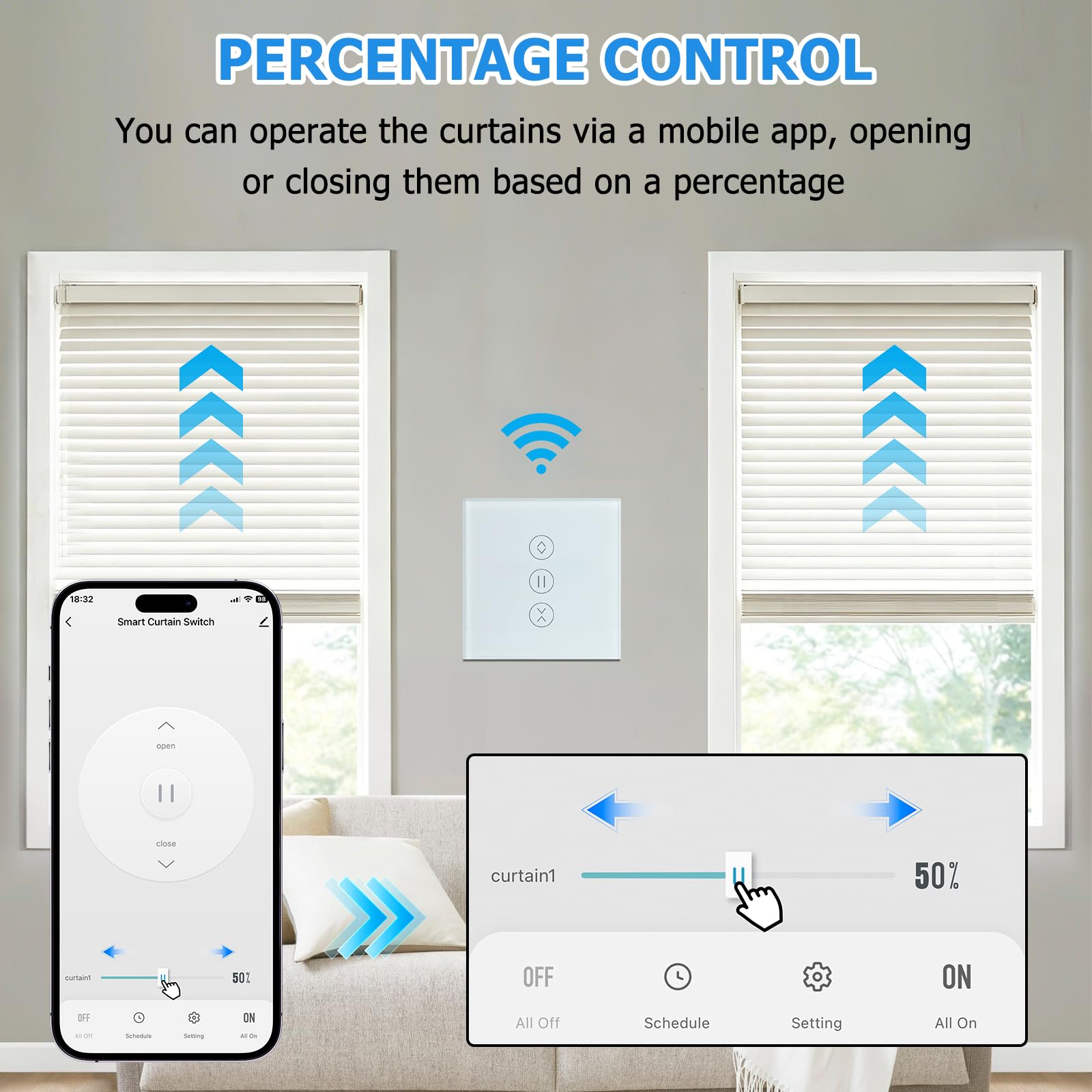 Interruptor Persiana WiFi, Alexa Interruptor Tactil de Persiana con Función Porcentual compatible con Alexa/Google/Siri, Smart Switch Curtain con Tuya & Smart life, Requiere Cable Neutro