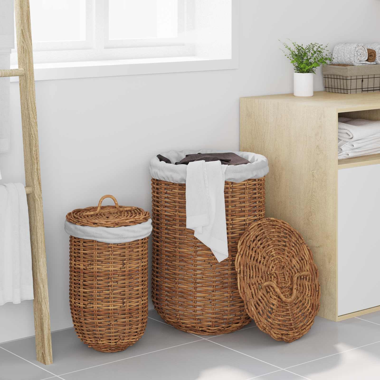 Generico Wäschekorb 2 Stück Braun Rattan Kubu mit Deckel, Set mit 2 Wäschekörben aus Naturfaser mit Belacu-Stoffbezug und Griffen, Größe 42 x 60 cm
