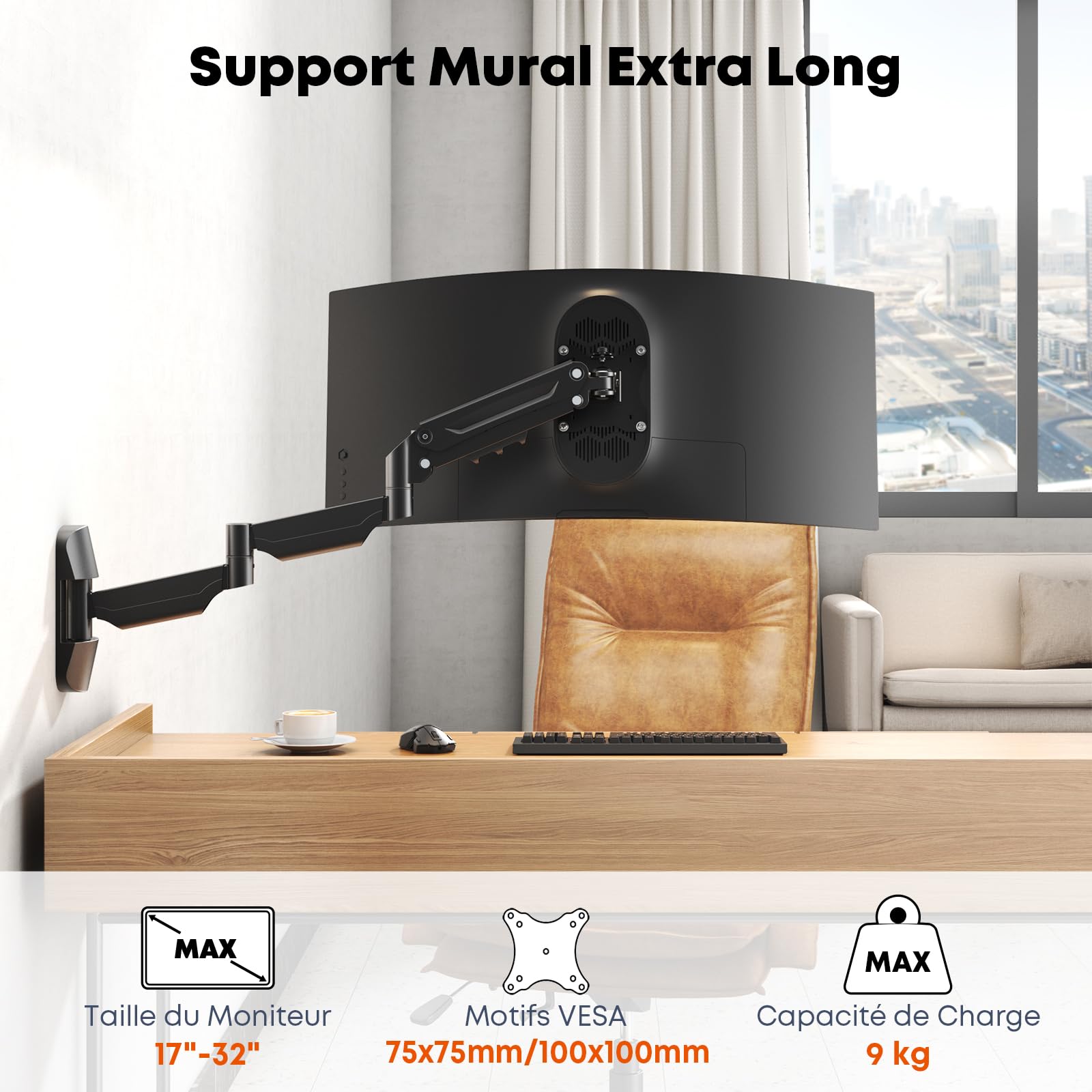 Support mural pour écran de 17 à 32" – Bras mural extra long, support mural Vesa entièrement réglable, VESA 75 x 75/100 x 100, peut supporter jusqu'à 9 kg, noir
