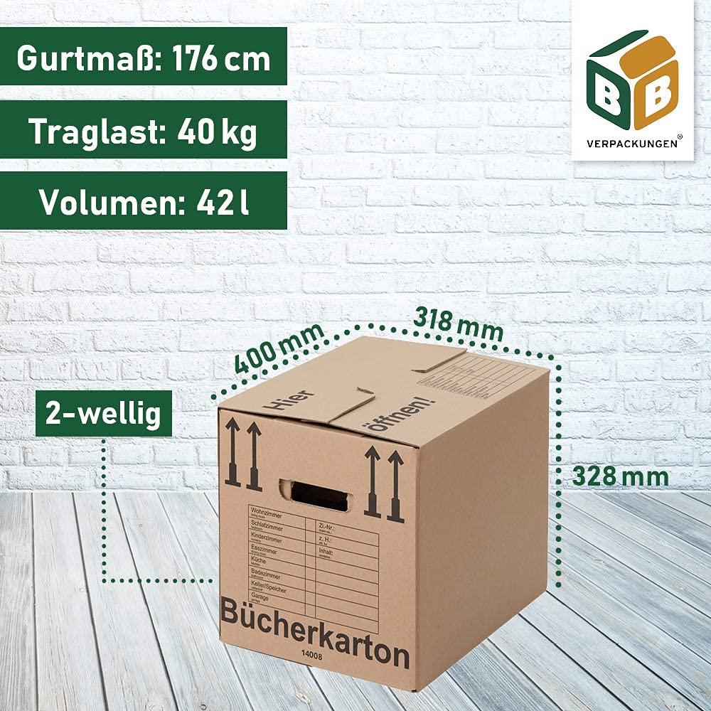 BB-Verpackungen 10x Bücherkartons Aktenkarton COMPACT 410 x 328 x 348 mm (10 Stück) 2-wellig | doppelter Boden, recycelte Pappe und dreifach Griffverstärkung