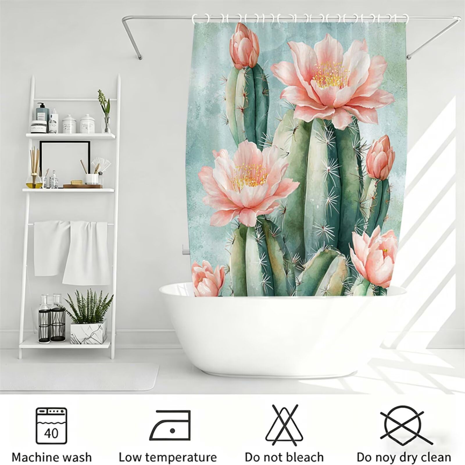 Verde Oliva Cortina de Ducha 240x200cm,Tela Poliéster Impermeable con 12 Ganchos,Secado Rápido Cortinas de Baño Lavables,Shower Curtain Resistente Humedad,Decoracion Hogar Cactus Cortina Ducha J-564