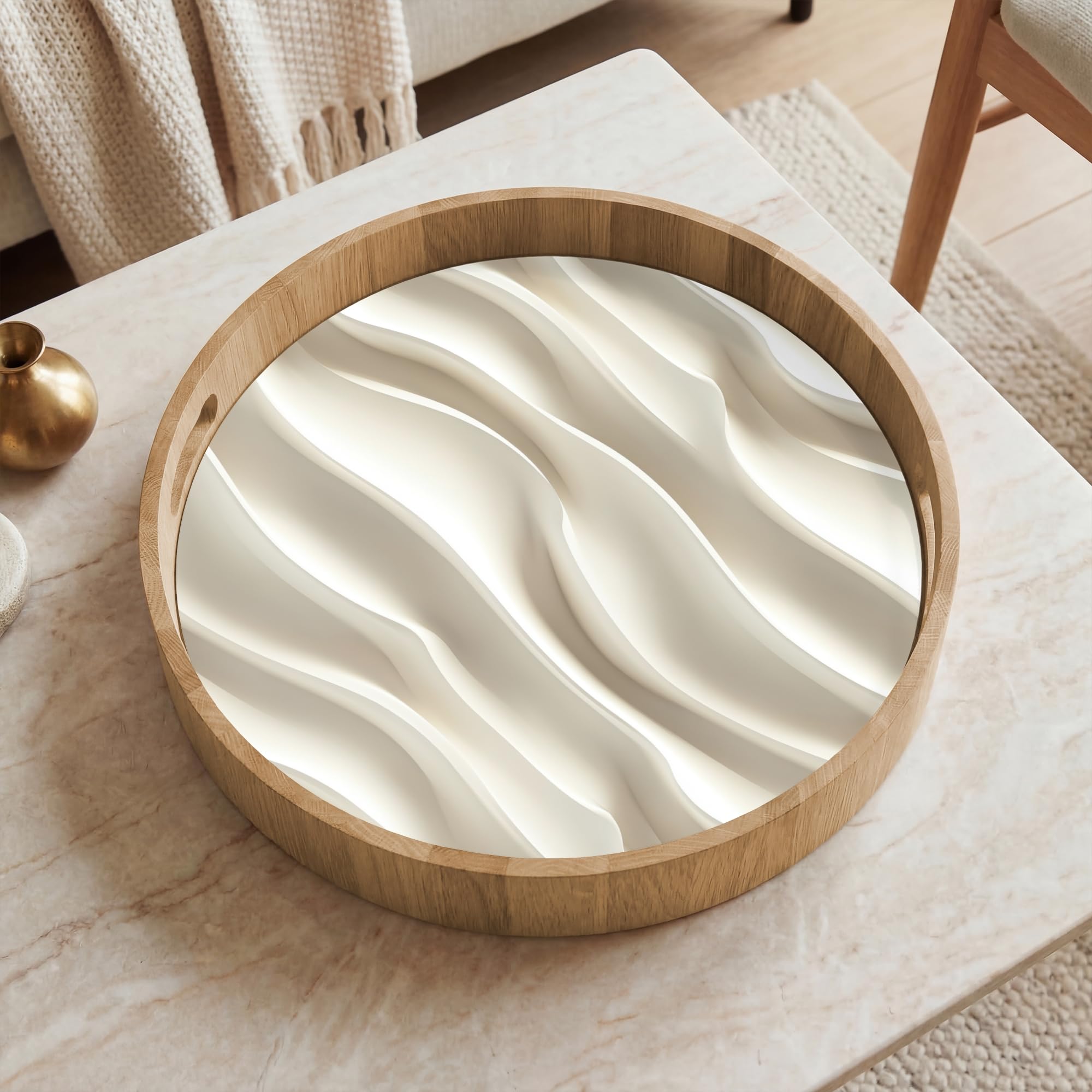Tablett Rund 40x40 cm Serviertablett rutschfest Griff Küchentablett Servierplatte Eiche Holztablett Hitzebeständig Kaffeetablett Diagonal - Wellen - Creme