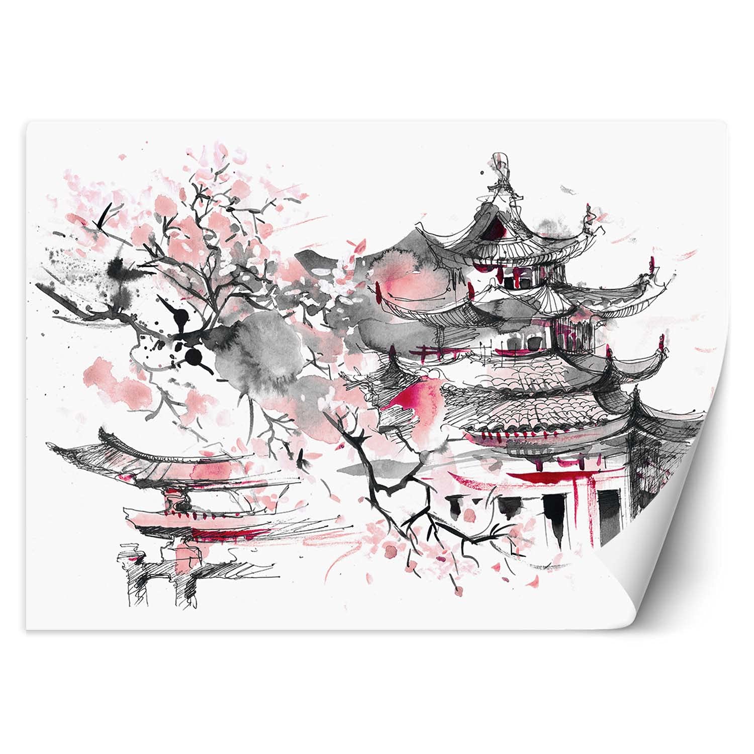 Feeby Photo Murale Intisse Japon Aquarelle 350x245 cm rose Déco Murale Tableaux Muraux À La Maison Chambre à Coucher, Salon, Chambre D'amis Pagode Fleur De Cerisier