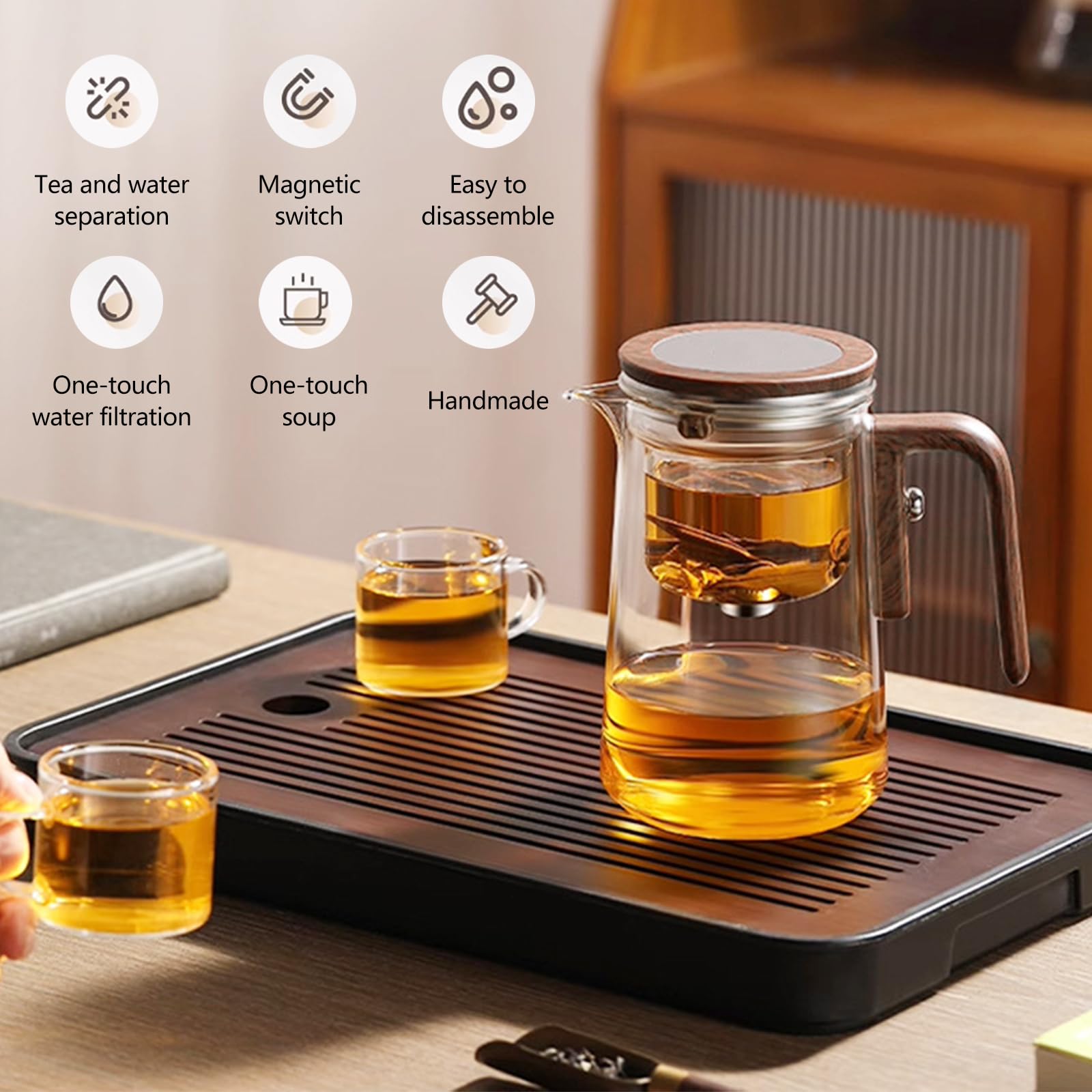 Teiera in Vetro con Infusore Ysislybin, Teiera Magica con Separazione dell'Acqua e Manico in Finta Legno, 800 ml