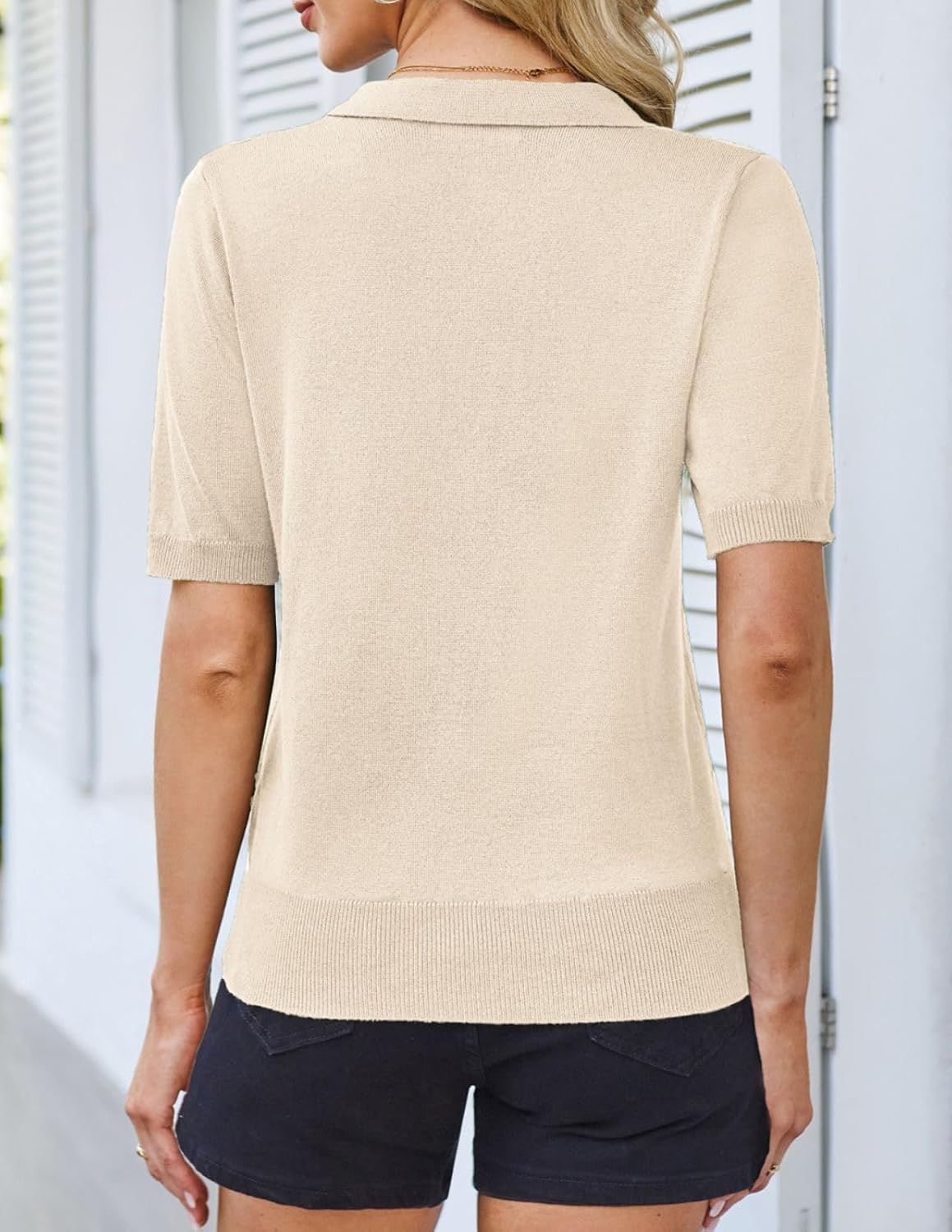 Kate Kasin Women Short Sleeve Polo Sweater V Neck Knitted Tops Casual Ribbed Shirt Loose Pullover Sweater - Image 3