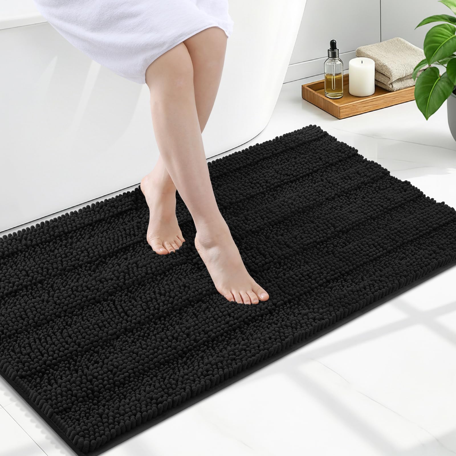 Grandaily Chenille Bathroom Rugs 47x24, Soft Bath Mats, Deep Black