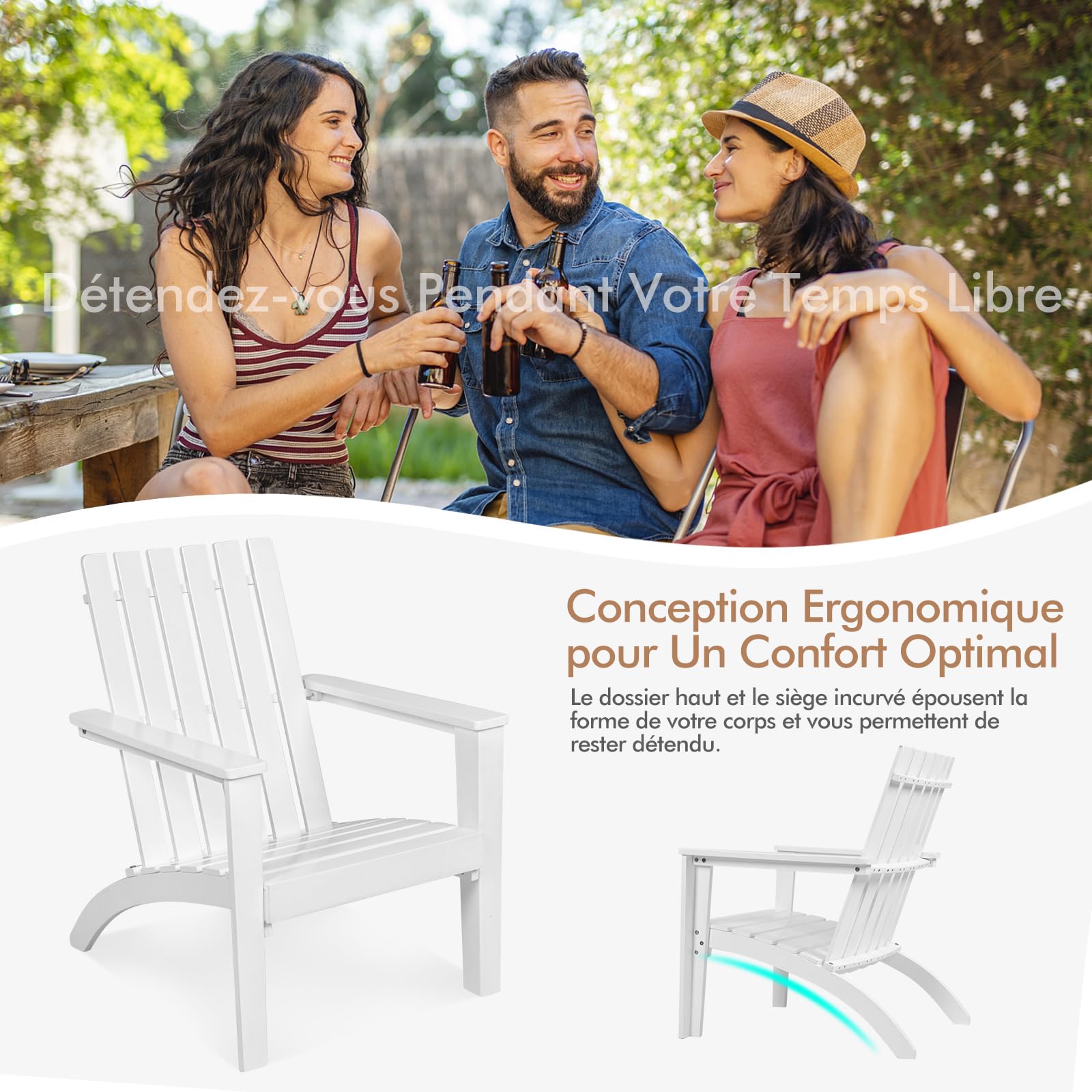 COSTWAY Chaise Adirondack en Bois d'Acacia, Chaise Exterieur Jardin avec Accoudoir Ergonomique, Fauteuil Exterieur pour Balcon Piscine Cour Terrasse, Charge 160 kg, 73 x 67,5 x 86 cm (Blanc)