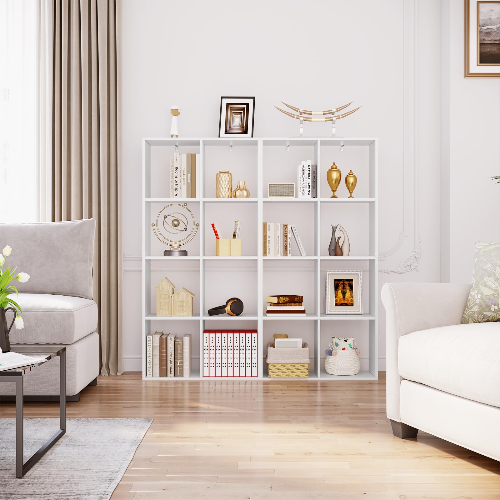 WOLTU Bücherregal mit 4 Ebenen, Standregal mit 8 Fächern Kippschutz, DVD-Regal aus Holzwerkstoff, als Raumteiler Aktenschrank, für Wohnzimmer Küche Büro, 71x140.5x29 cm, Weiß