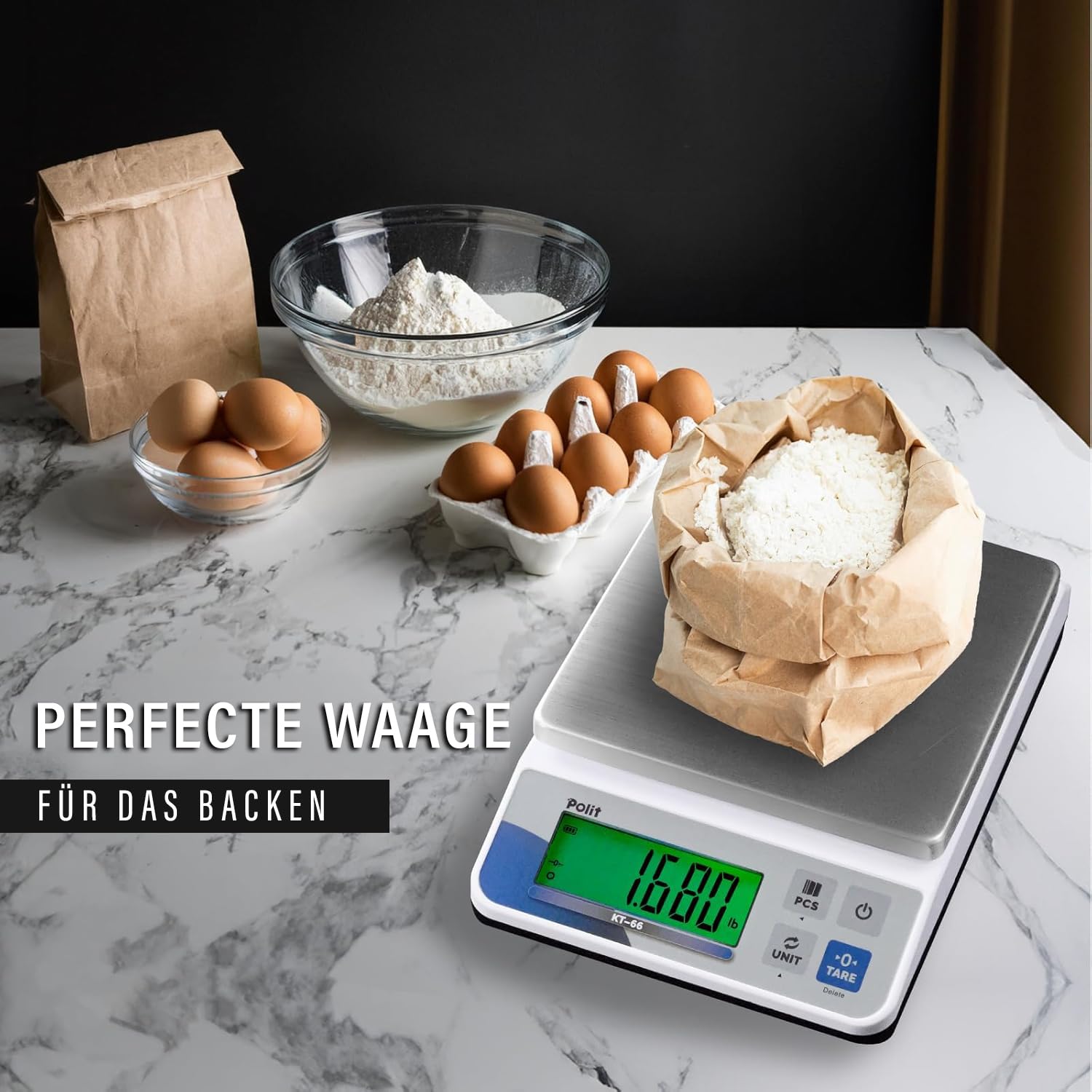 Polit Digitale Küchenwaage KT-66 3kg/6,6lb｜0,005oz/0,1g Präzision｜LCD-Display｜Batterie- oder Netzbetrieb｜Edelstahl-Oberfläche｜5 Einheiten für Küche, Backen & Versand