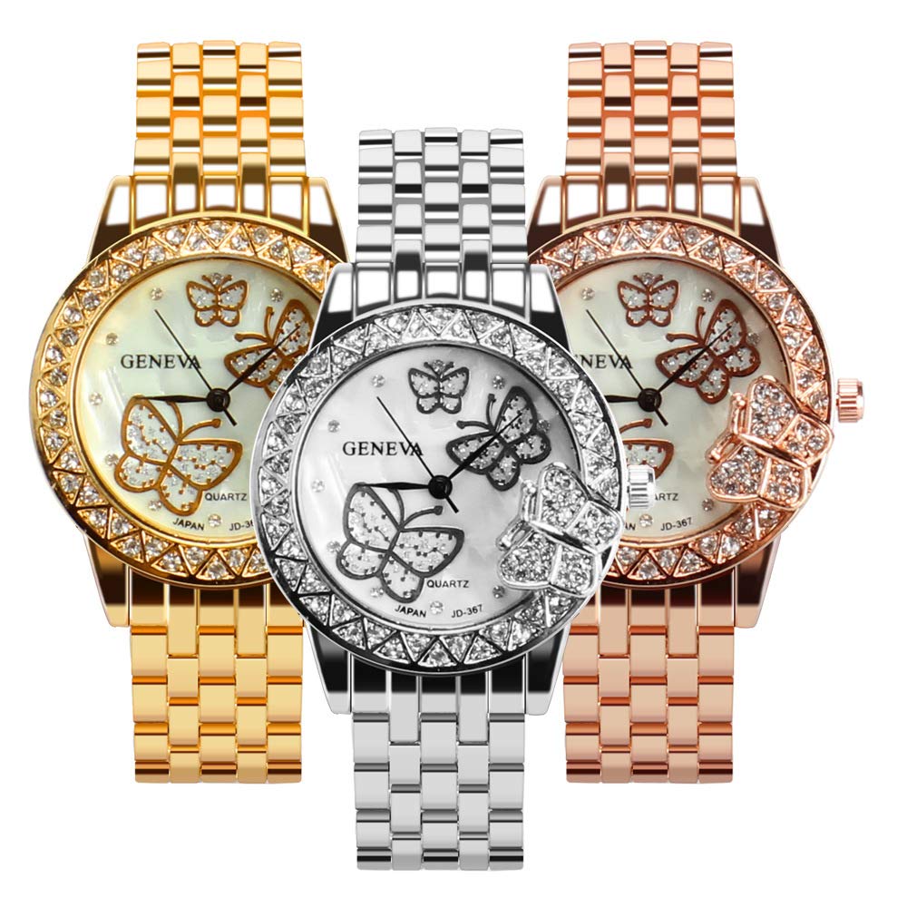 Women 3 Pc Simple Crystal Butterfly Watch Analog Quartz Wrist Watches Jewellery