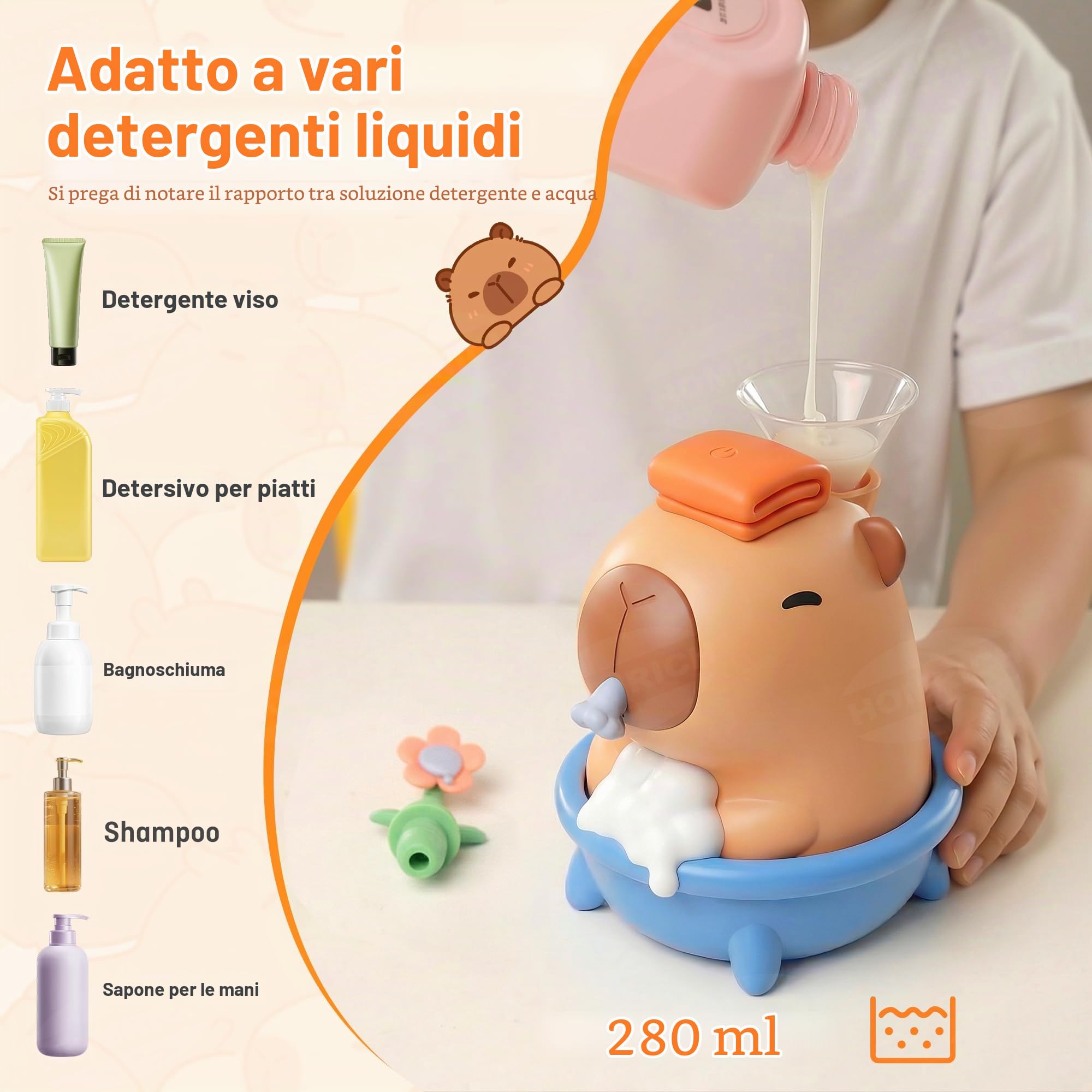 Homrich Capybara - Dispenser automatico di sapone, con sensore touchless, in silicone, regolazione della schiuma a 3 livelli, 280 ml, dispenser impermeabile ricaricabile IPX7 per bagno, regalo per