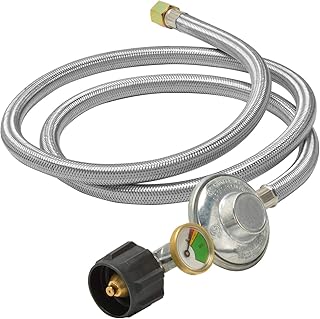 only fire 5Ft Stainless Gas Regulator Propane Hose with Gauge for Gas Grill, Gas Water Heater, Burner Stove, Fire Pit and More - 3/8" Female Flare Fittings
