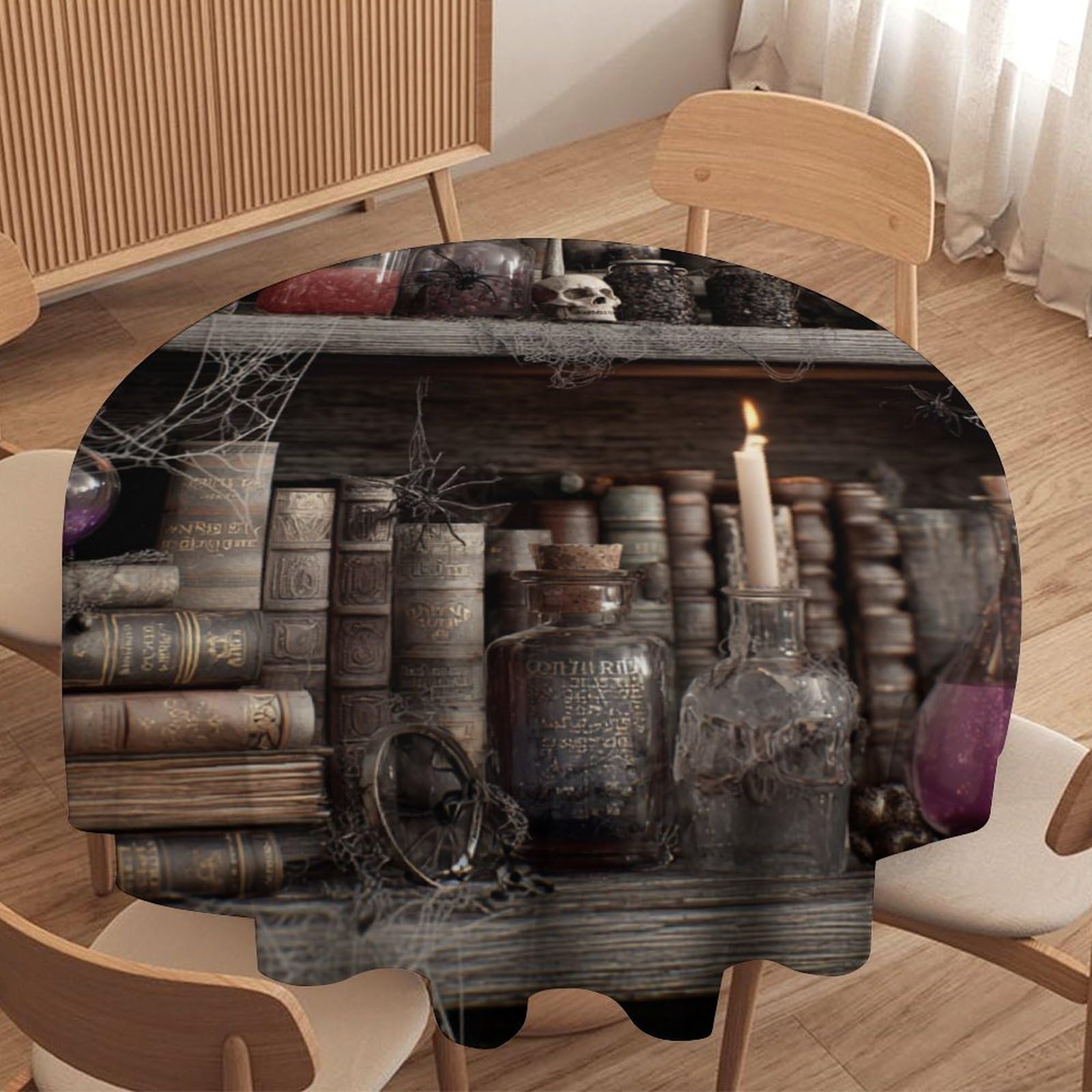LUYYSKY Retro Aesthetic Magic Bookshelf Round Tablecloth Gothic Oil Painting Halloween Skull Skeleton Print Washable Decor for Table Cover for Kitchen-177.8" Wx177.8 L cm