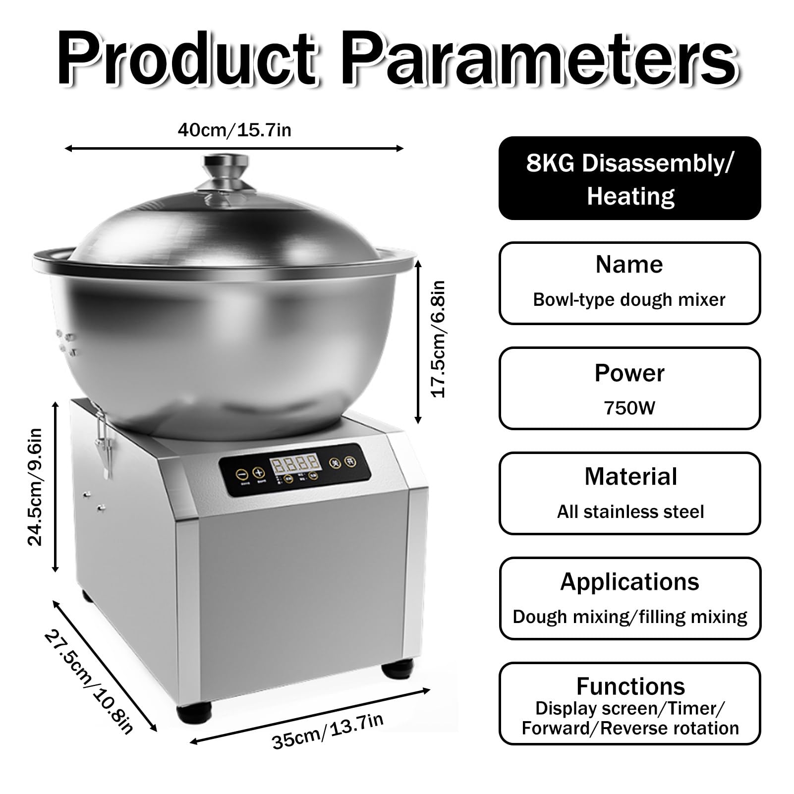 Impastatrice a Spirale da 8 kg (17,6 libbre), impastatrice Commerciale per impieghi gravosi con Ciotola Rimovibile e Timer, per panetteria e Pizzeria Domestica heated-8kg