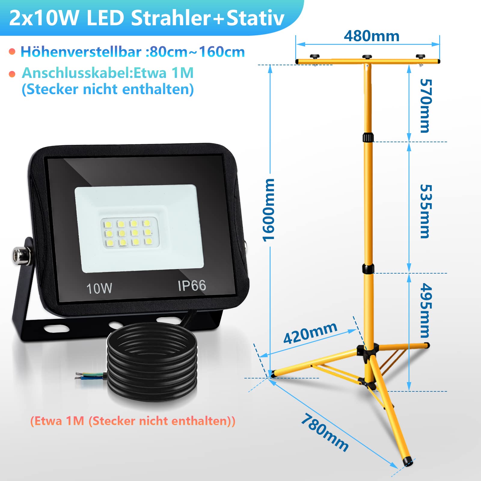 Daromigo Reflektor budowlany LED ze statywem, 2 x 10 W, 900 lm, ciepła biel 3000 K, na budowę, do warsztatu, piwnicy, IP66, lampa budowlana LED, do użytku wewnątrz i na zewnątrz, wysokość