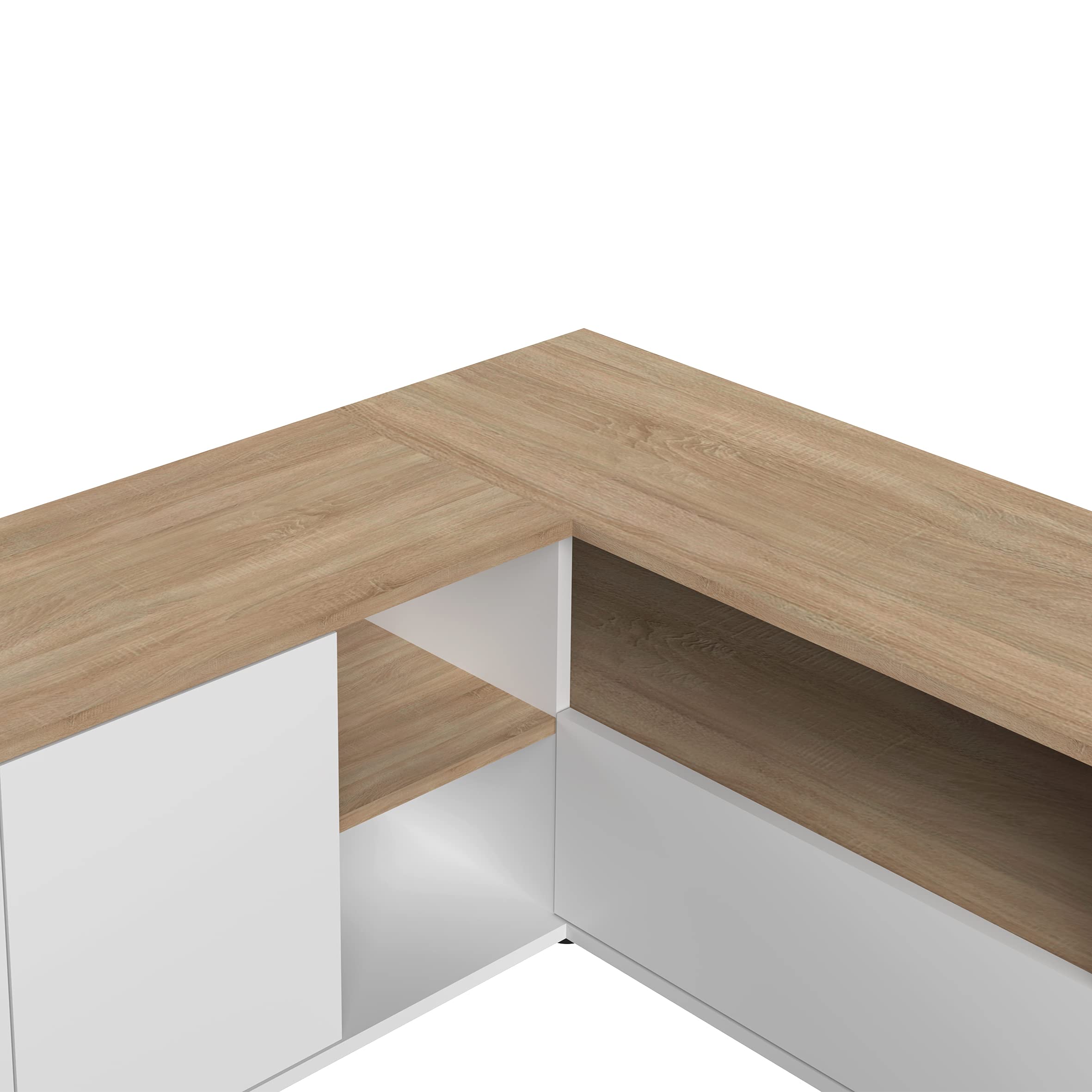 Symbiosis Angle, tavolino porta tv angolare, bianco e rovere naturale, 90x90x45 cm