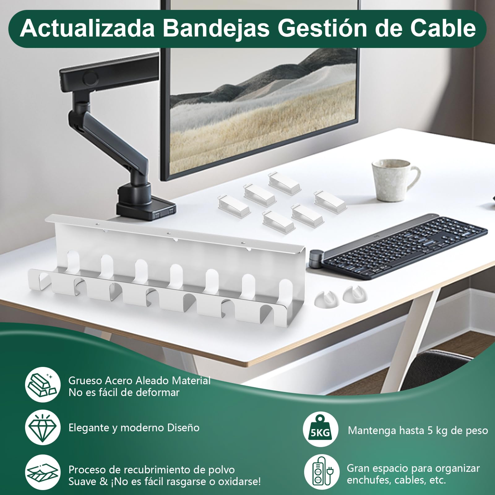 Oududianzi 2PCS Bandejas Gestión de Cable Debajo del Escritorio, Soporta 5kg, Acero al Carbono, Cable Management Under Desk, Bandeja Organizador Cable Escritorio para Hogar u Oficina - Blanco