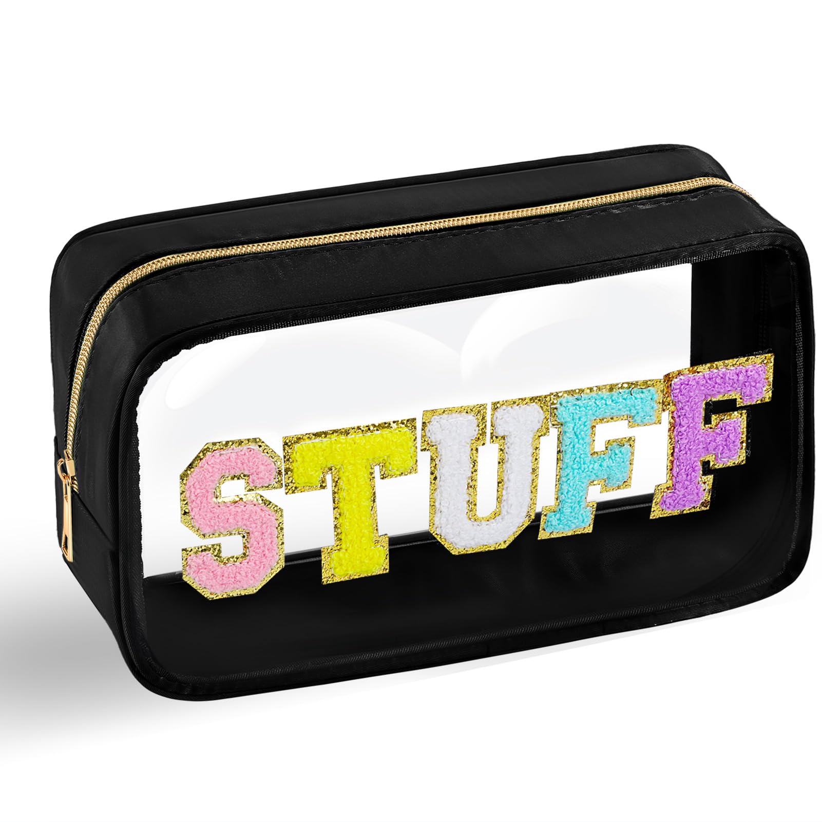 URSKYTOUS Bolsa de maquillaje transparente de chenilla con letras de nailon, bolsa de cosméticos con cremallera, bolsa de maquillaje de viaje transparente de PVC transparente, impermeable, organizador