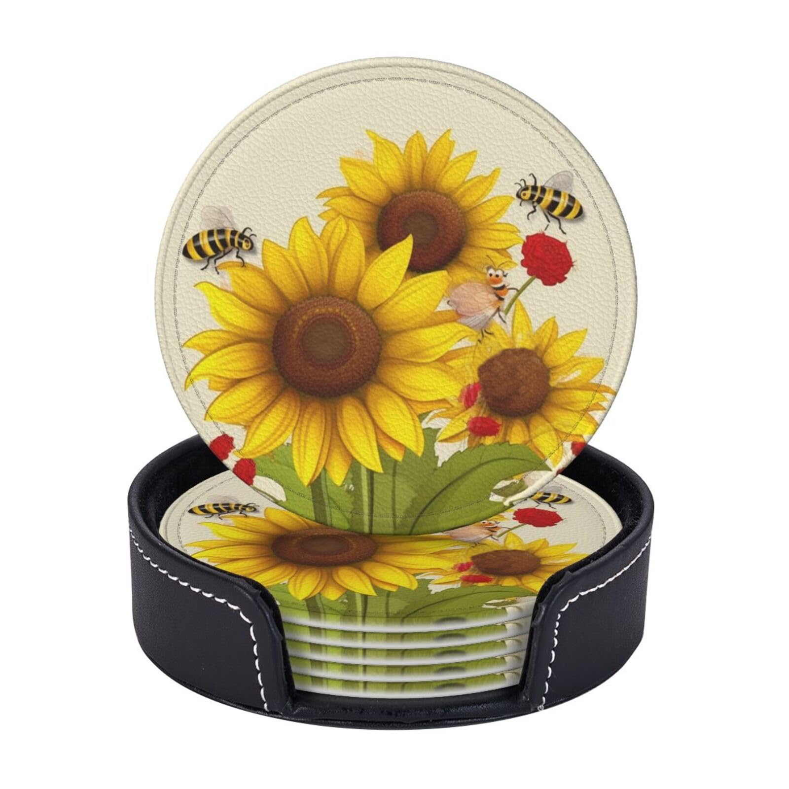 Round Coasters for Drinks Set of 6 - PU Leather Coasters with Holder - Modern Drink Coasters for Coffee Table - Bees Sunflowers Daisy Rose Flowers Coaster for Tabletop Protection 4" Cup Mat Pad