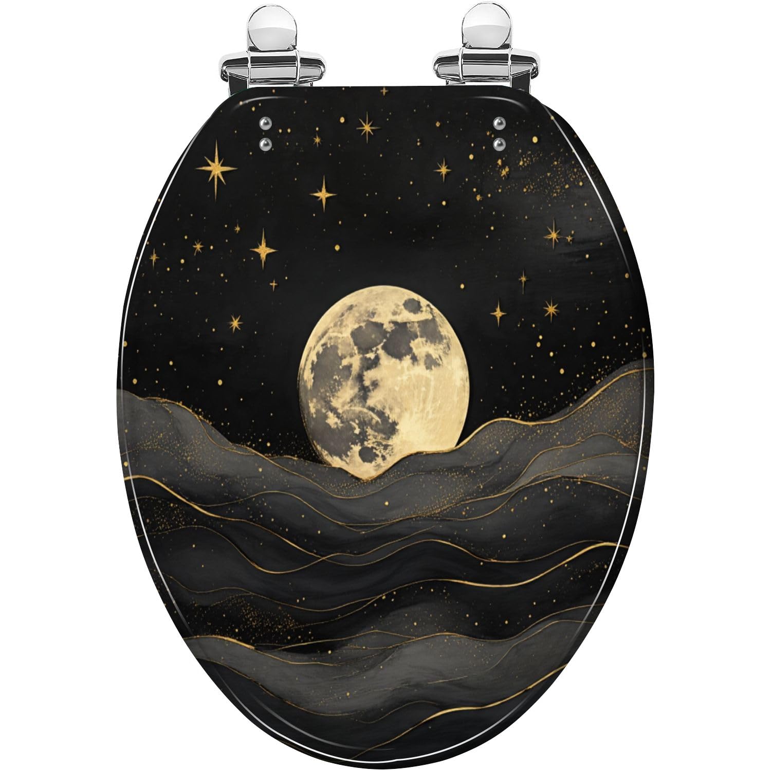 Asiento de inodoro alargado de resina con cierre suave, diseño abstracto de luna dorada, estrellas y cielo oscuro con ondas, bisagras de liberación rápida, tapa decorativa de fácil limpieza e instalac