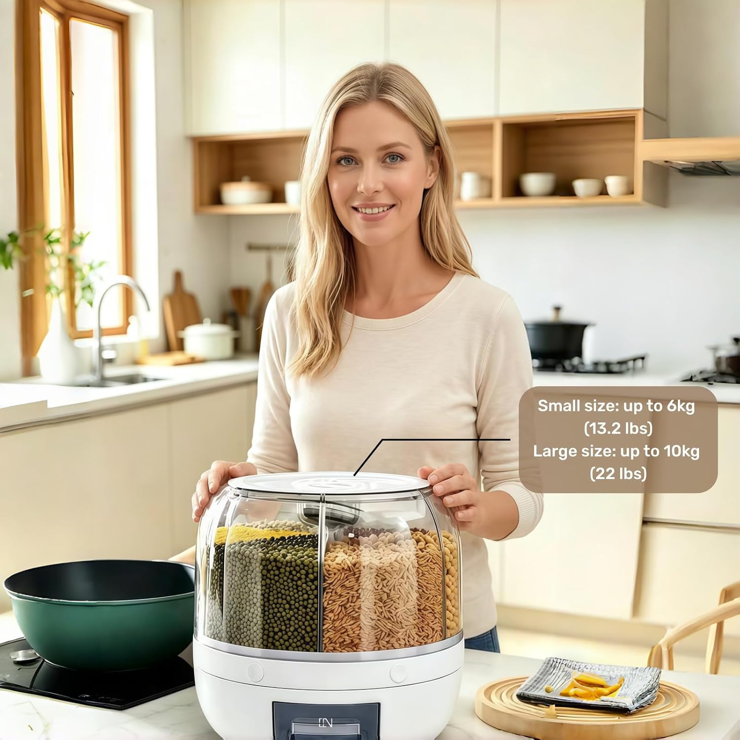 360° Rotating Food Dispenser with Automatic Output, Moisture Proof Grain Dispenser with Lid, 6 Grids Large Capacity Dry Food Storage Container for Kitchen Pantry Organization
