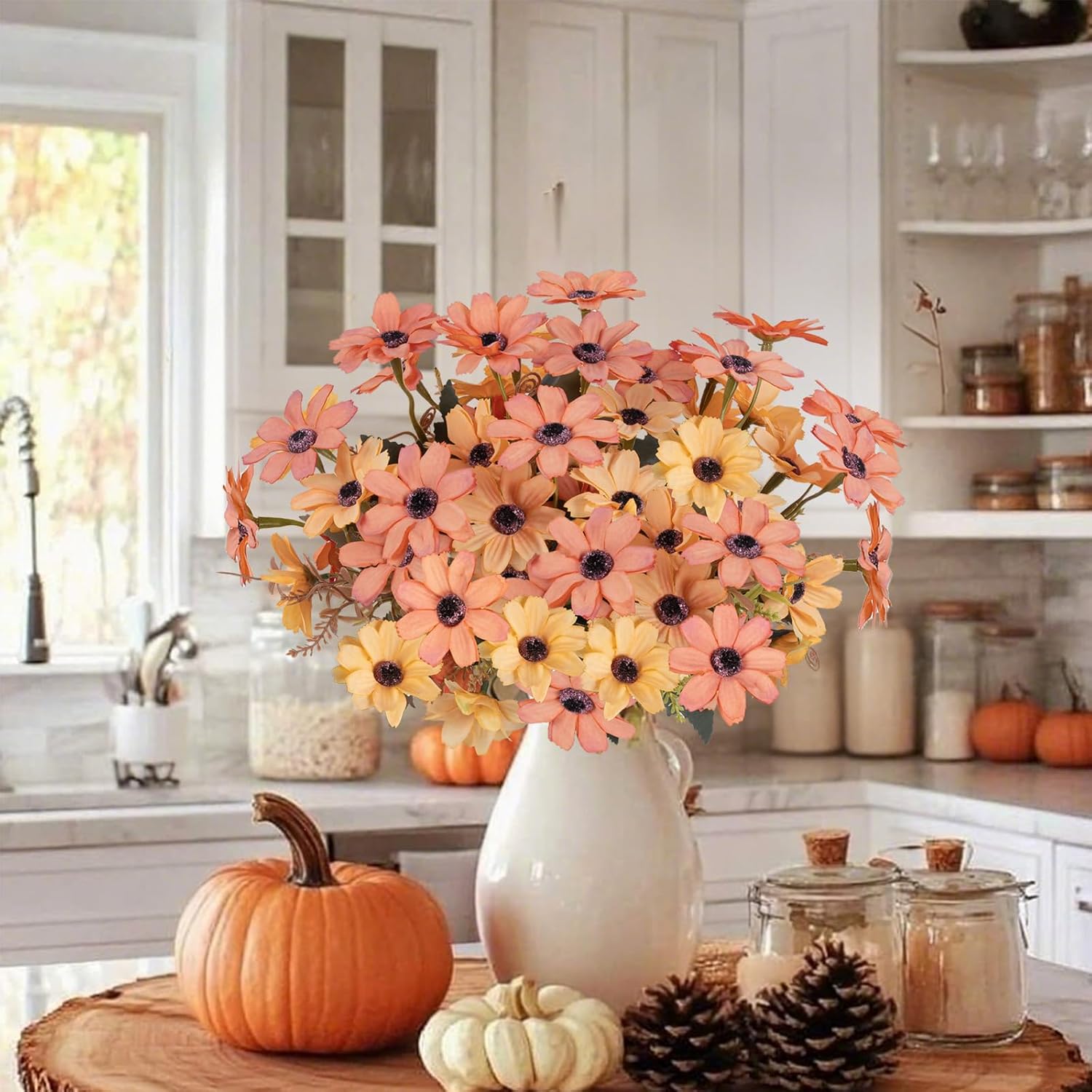 Artificial Fall Flowers Bouquet 4 Pcs Silk Autumn Flowers Faux Fall Flower Arrangements Fake Daisy for Farmhouse Home Kitchen Table Centerpieces Wedding Grave Cemetery Decor (12.89") - Image 3