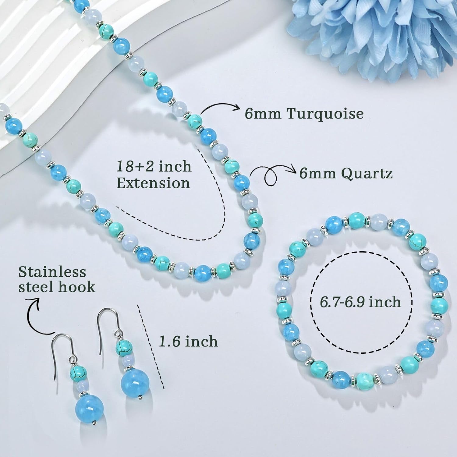 Beaded Necklaces for Women 3Pcs Colorful Boho Gemstone Bead Choker Summer Natural Stone Surfer Beach Bead Necklace Bracelets Earring Set Handmade Jewelry for Women Gift Jewelry Sets