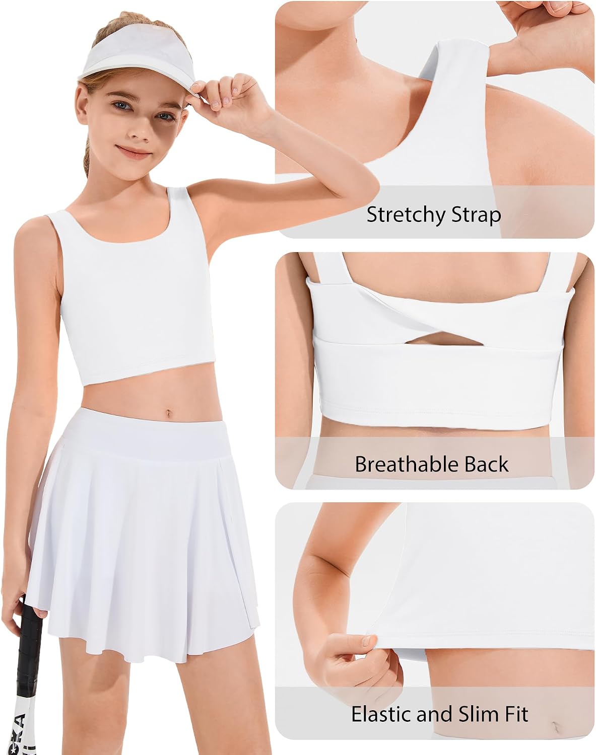 Girls Sports Bras, Twist Back & Backless Tank Tops, Training & Yoga Crop Tops,White 11-12 Years image 2
