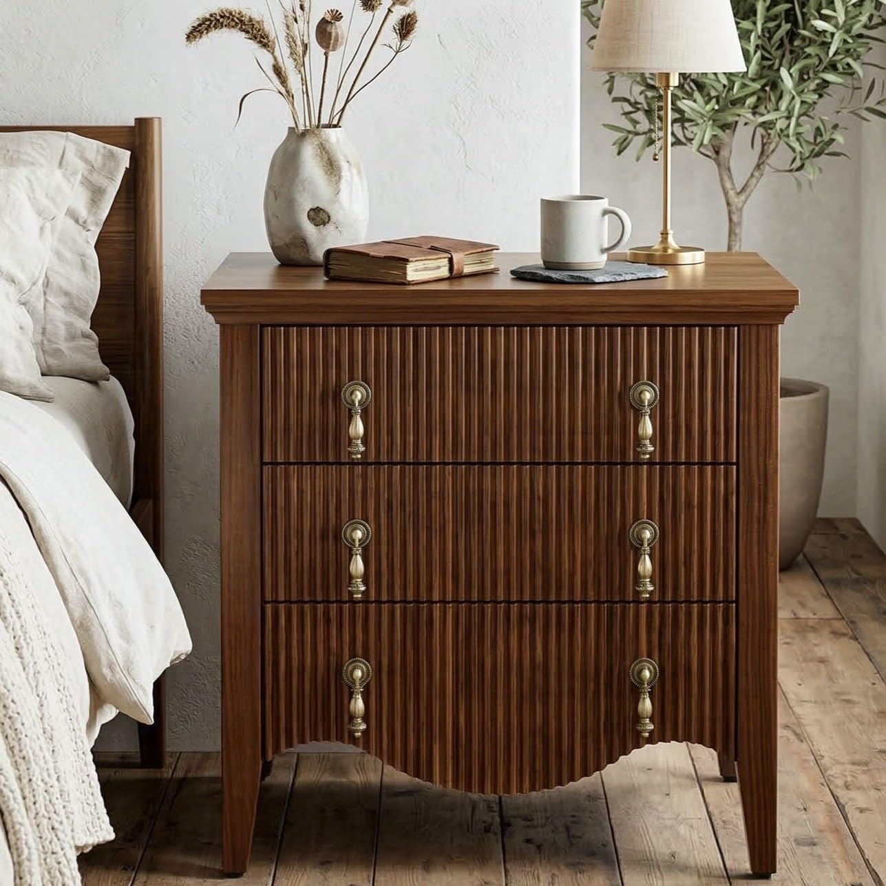 FUSUNBAO Nightstand with Charging Station, Vintage Bedside Table with 3 Fluted Drawers and Open Shelf, Rustic End Table with Power Outlet and USB Ports for Bedroom, Walnut