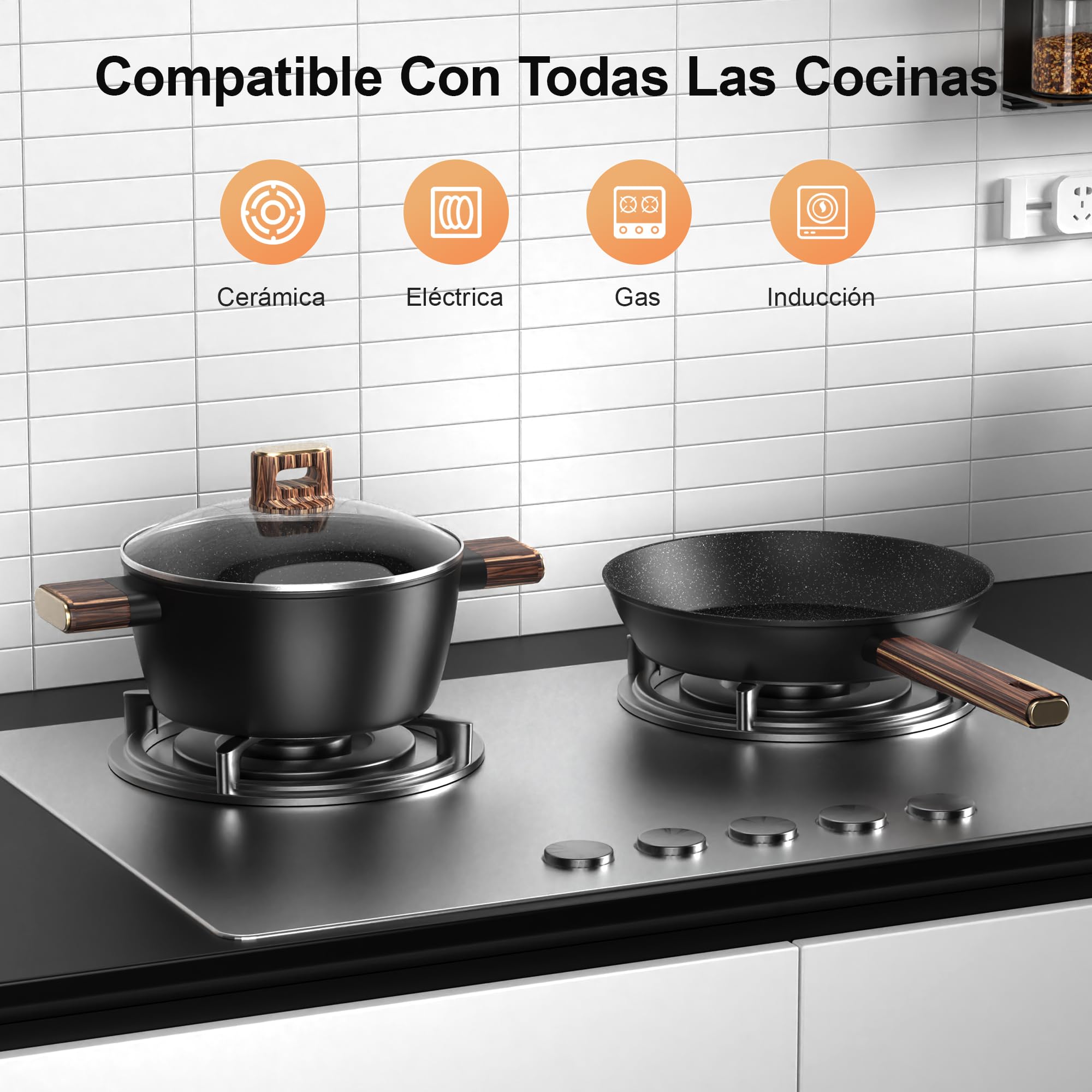 Batería de Cocina - 11Piezas Juego de Ollas y Sartenes Aluminio Antiadherente, Sartene de 20cm y 28cm, Wok de 24cm, Cacerola de 16/20/24 cm con Tapas, para Todas las Cocinas, Inducción Topbooc