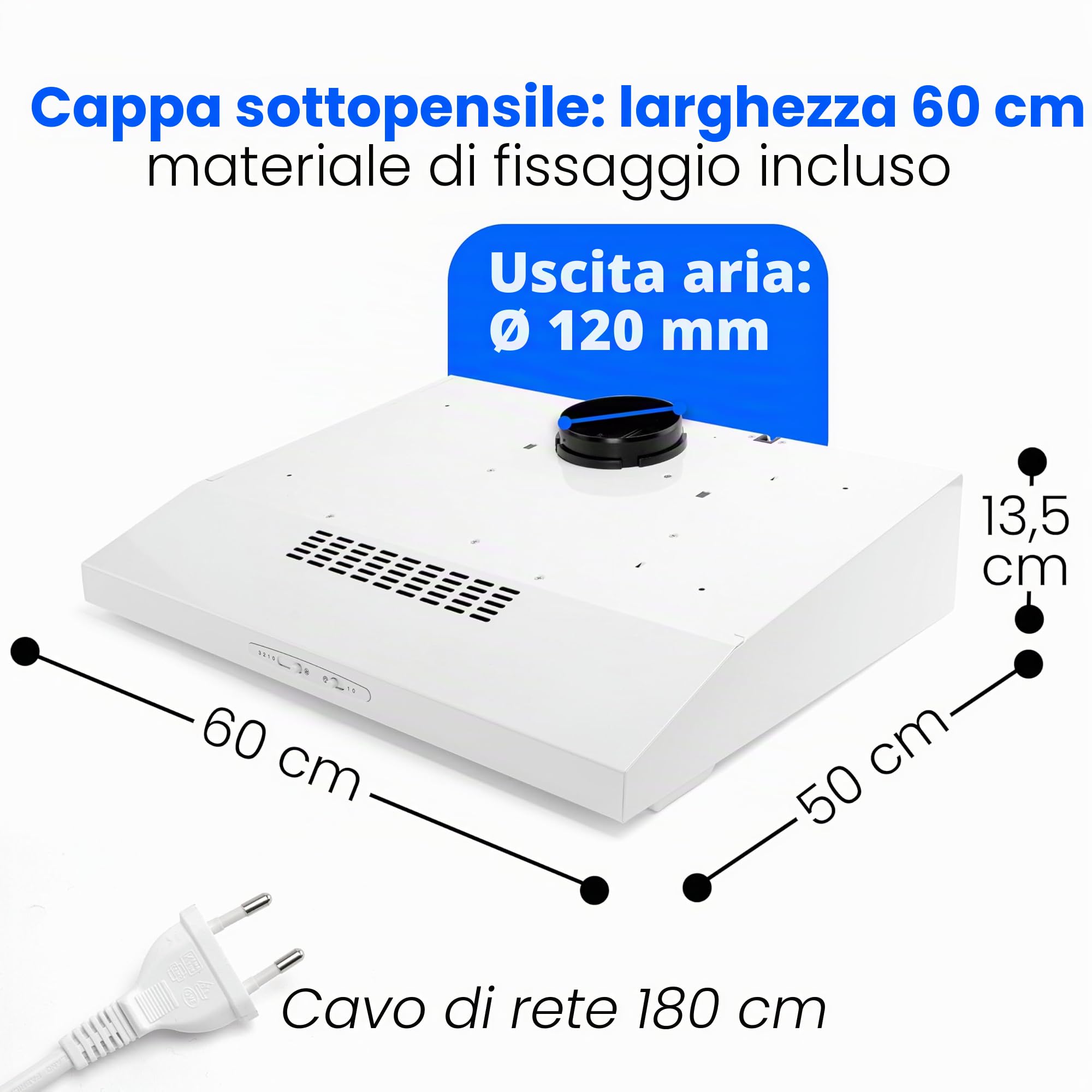 Bomann DU 623.3 Cappa aspirante 60 cm, ricircolo dell'aria o condotto, 3 livelli di potenza, filtri estraibili in alluminio lavabili, bianco