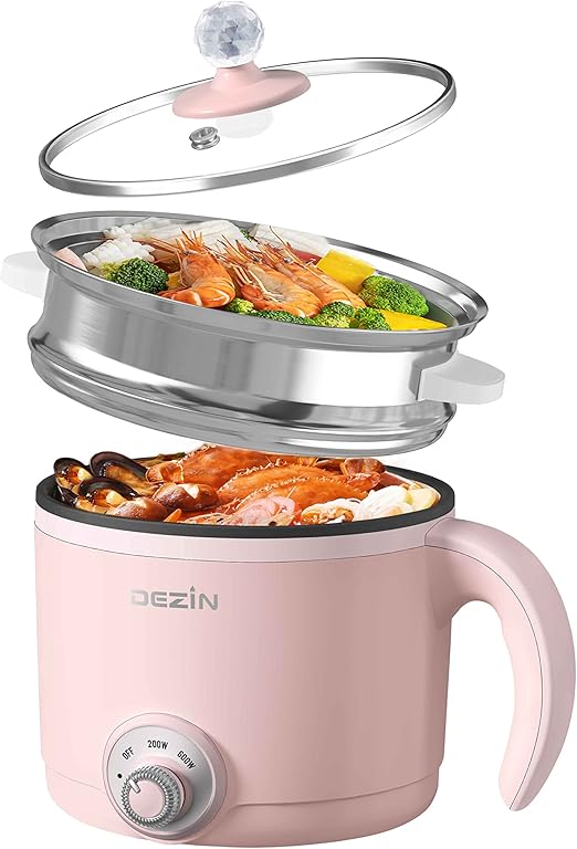 Dezin Hot Pot Electric with Steamer, 1.5L Rapid Noodles