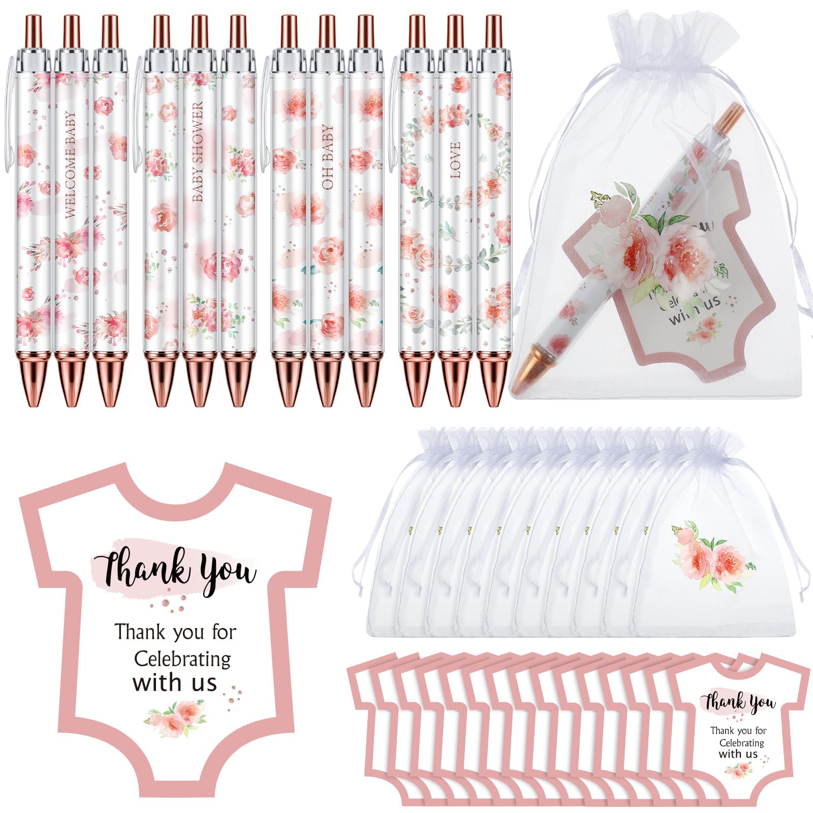 Chuangdi 50 juegos de recuerdos de baby shower, incluye 50 bolígrafos, tarjetas de agradecimiento y bolsas de organza
