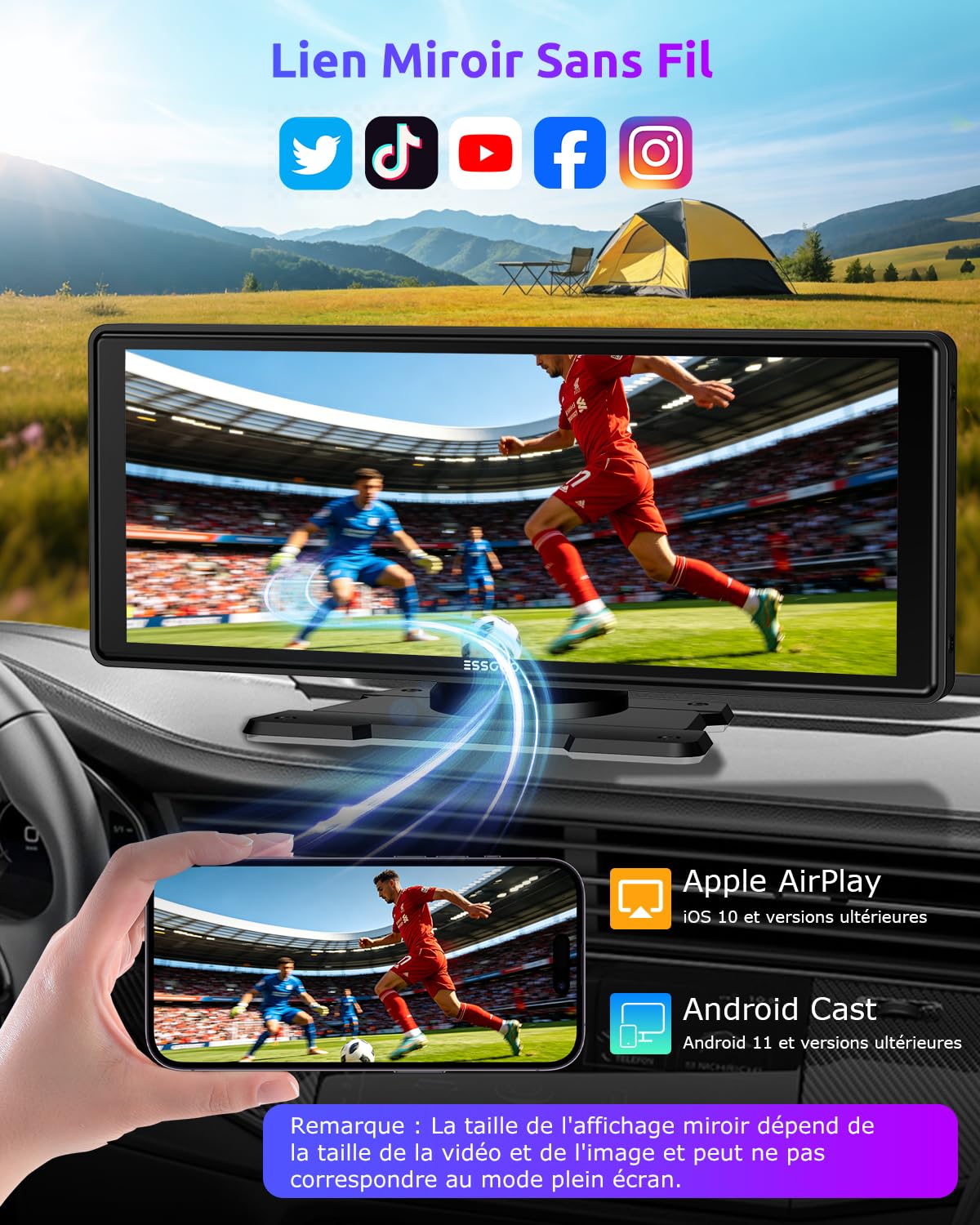 ESSGOO Carplay Android Auto Display mit Rückfahrkamera,10.26 Zoll Apple Carplay Bildschirm für Android Auto/AirPlay/Mirror Link,Wireless Touchscreen GPS Navigation,Bluetooth 5.3,AUX,FM,Sprachassistent