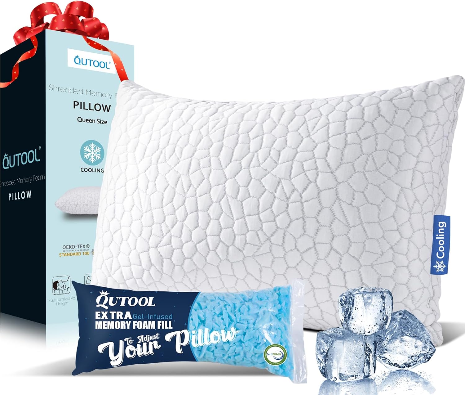 QUTOOL Shredded Memory Foam Pillows for Sleeping Queen Size, Cooling Gel Pillows for Hot Sleepers Adjustable Bed Pillow for Side and Back Sleeper, Breathable, Neck Support, White, Gift for Women Men White-cooling Basic Queen(1 Pack)-20'*30'