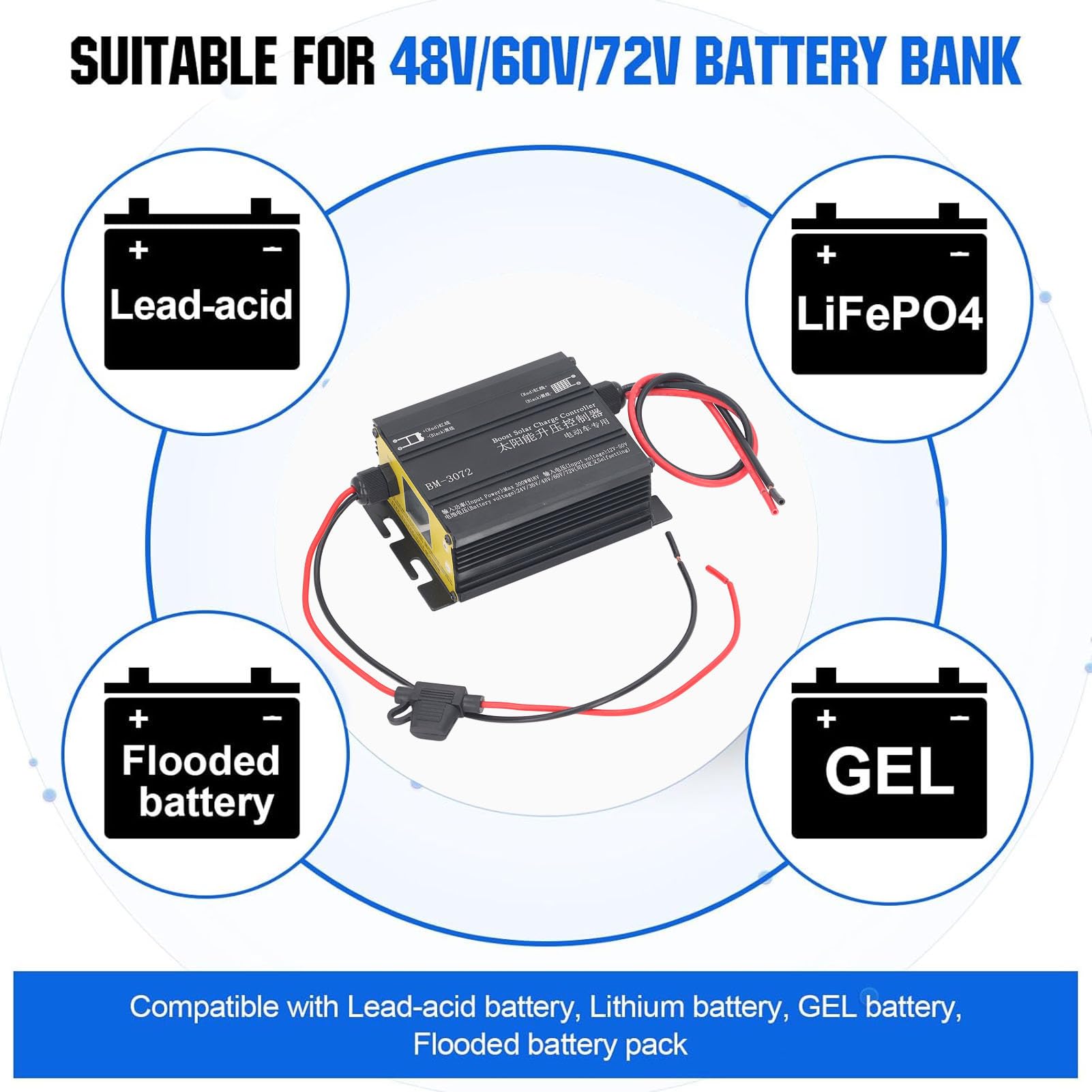 MPPT Boost Solarladeregler 16A 12V-50V 300W für mit Säuregel überflutete Batterien 24V 36V 48V 60V 72V