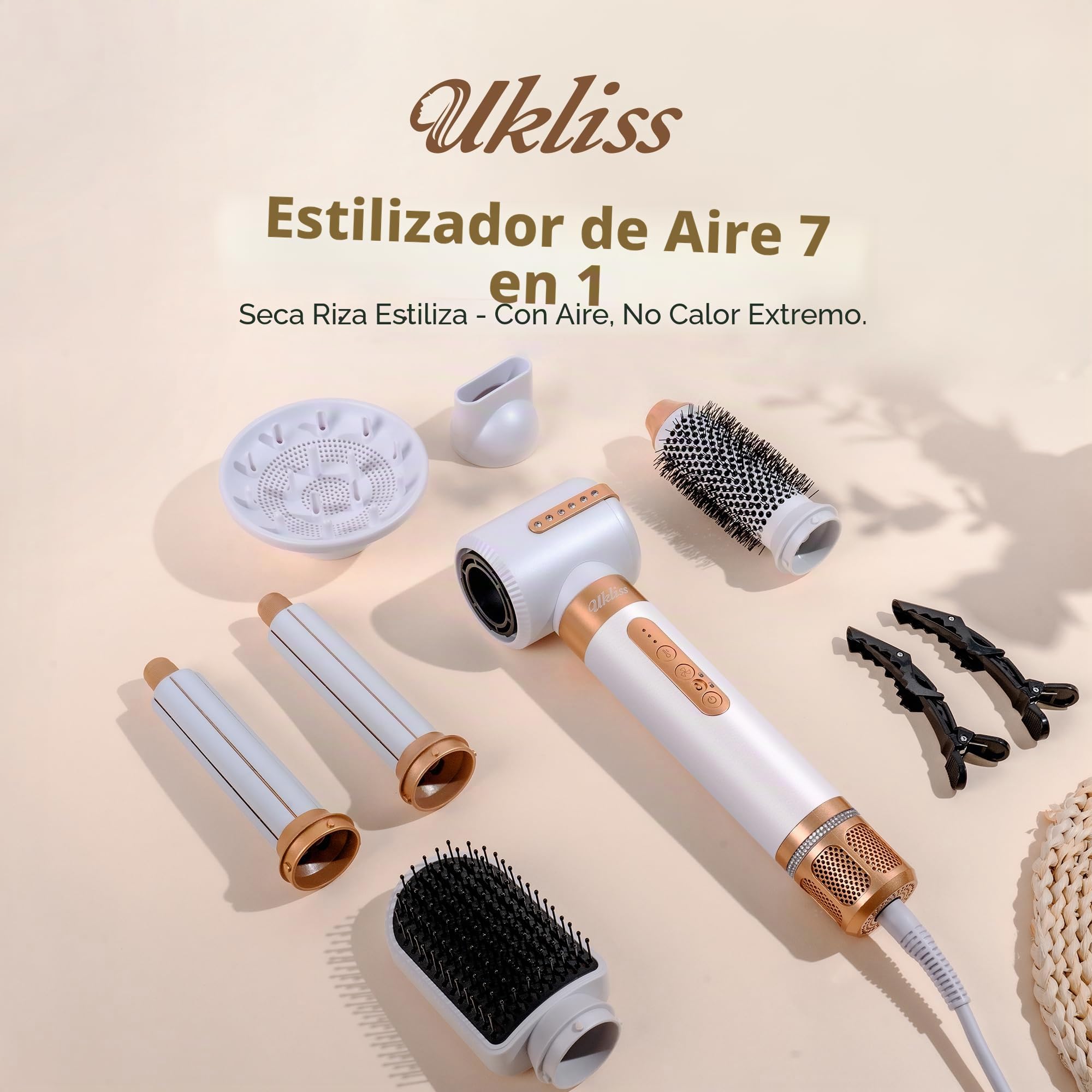 UKLISS Secador Pelo Profesional & Airstyler 7 en 1 con Rizador Pelo Automatico | Cepillo Pelo Redondo | Cepillo Alisador Pelo | Thermal Brush | Airstyler Set Regalos para Mujeres Styling - Blanc