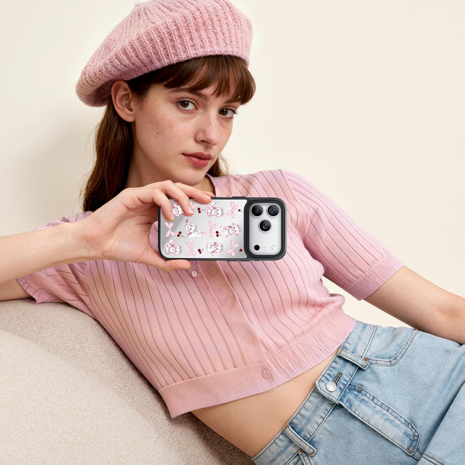 NIMASO for iPhone 17 Pro Max Case, Mirror with White Cat Pattern, Compatible with MagSafe, Glossy Hard Back, iPhone 17 Pro Max Case Girl