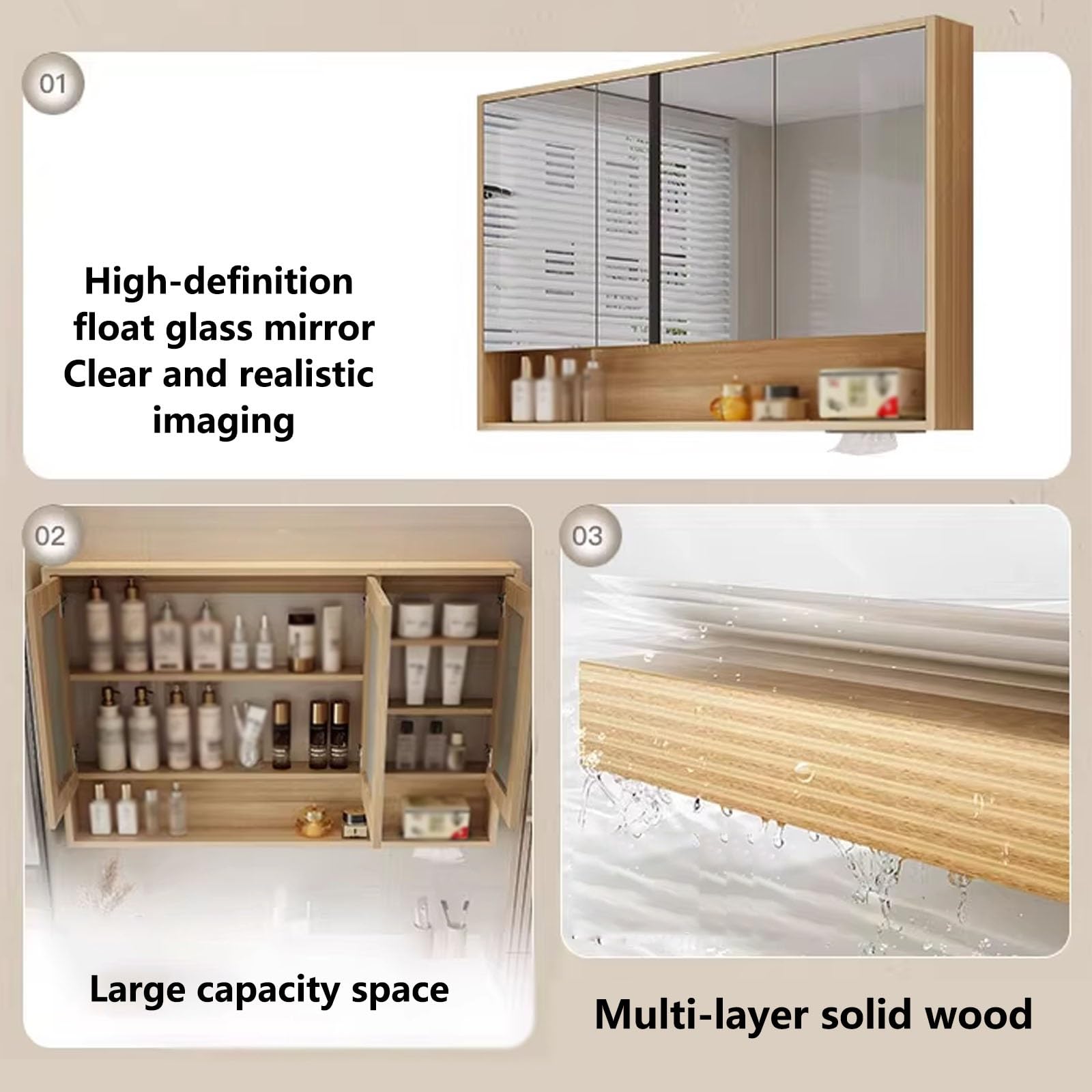 Pensile Bagno con Specchio Contenitore Materiale in Legno Massello Multistrato Mobile Pensile Bagno Salvaspazio Accessori in Metallo Adatto per Sopra Il WC(D,58 * 70cm)