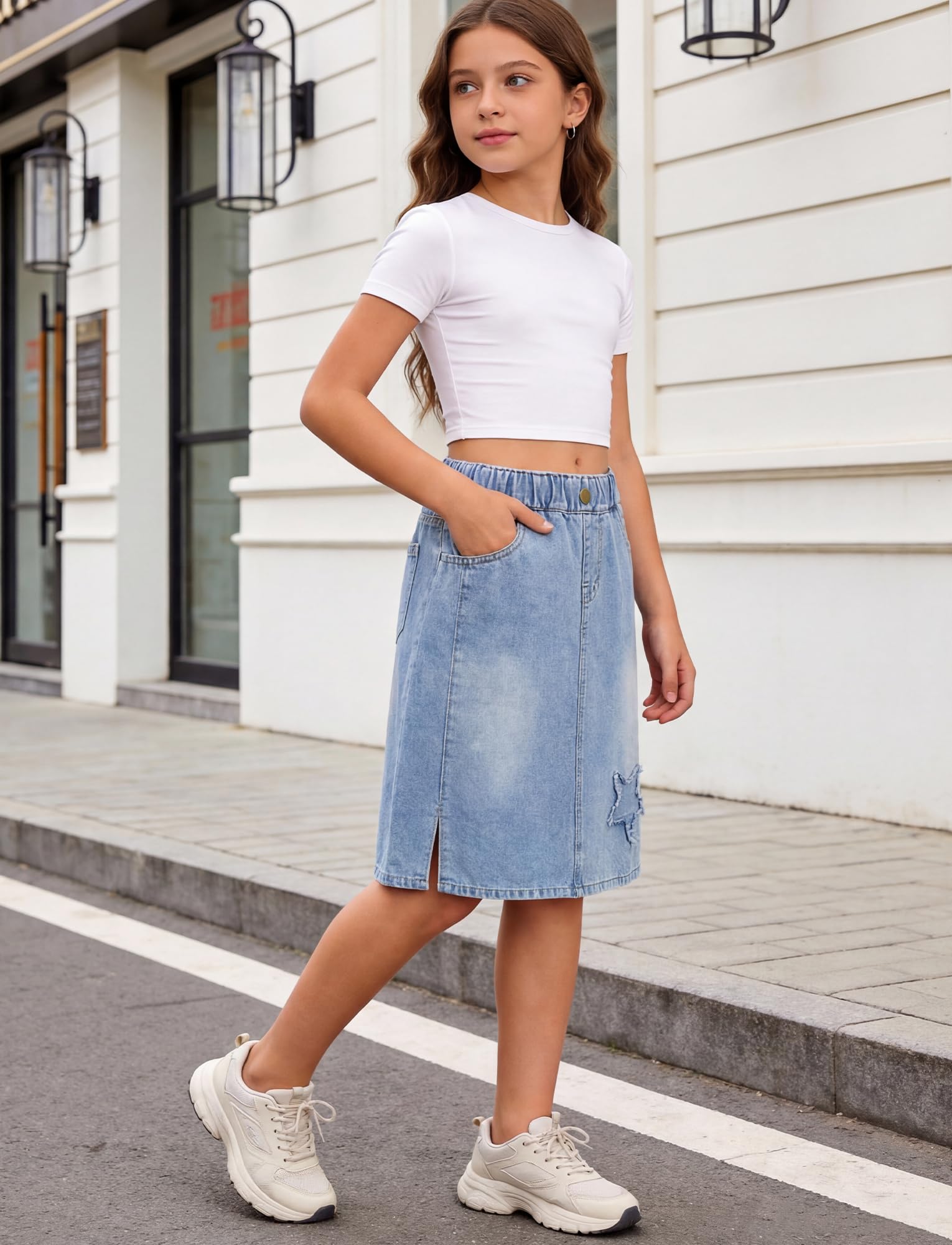 SEAUR Jupe trapèze en jean pour fille - Taille élastique - Longueur genou avec poches - Jupe en jean d'été pour adolescente