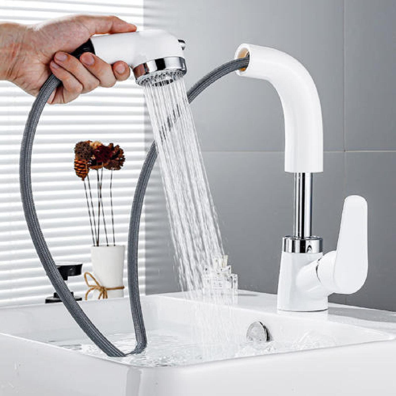 Grifos de Lavabo con Ducha Extraible Latón Fria y Caliente Telescópico Giratorio Grifos Lavabos-Blanco