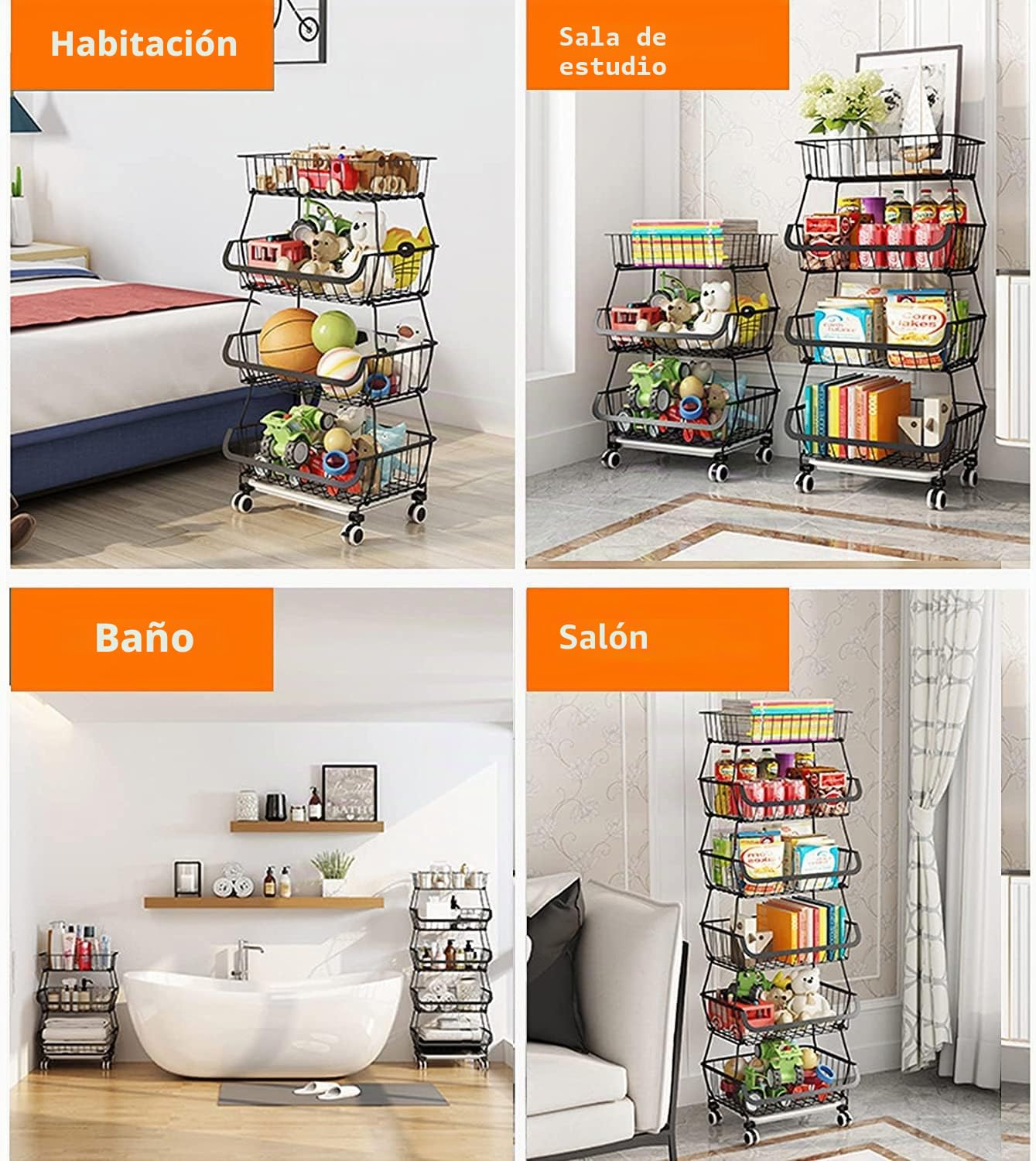 Cestas de Alambre de Metal con Ruedas, contenedores de Almacenamiento apilables, Estante Organizador de Cocina, 3-4-5-6 Niveles, Carrito de Frutas y Verduras, Platos, estantes de Temporada