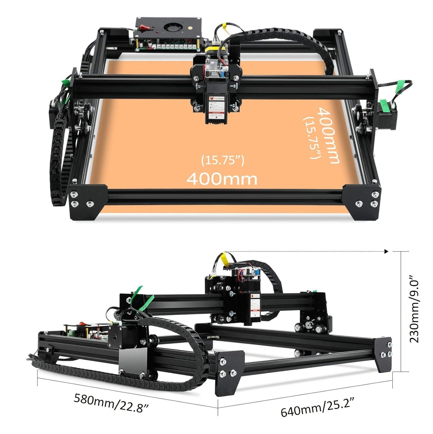 Diagram showing the dimensions of the FoxAlien LE-4040 laser engraver.